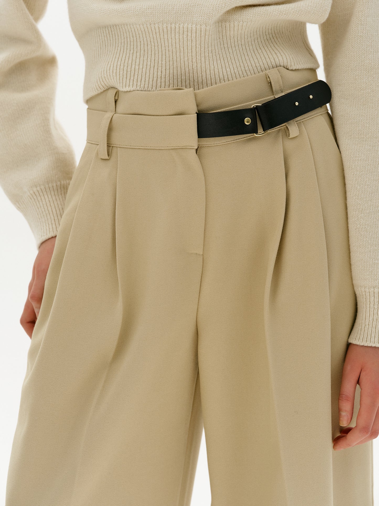 Half Belted O-ring Trousers, Sand Beige