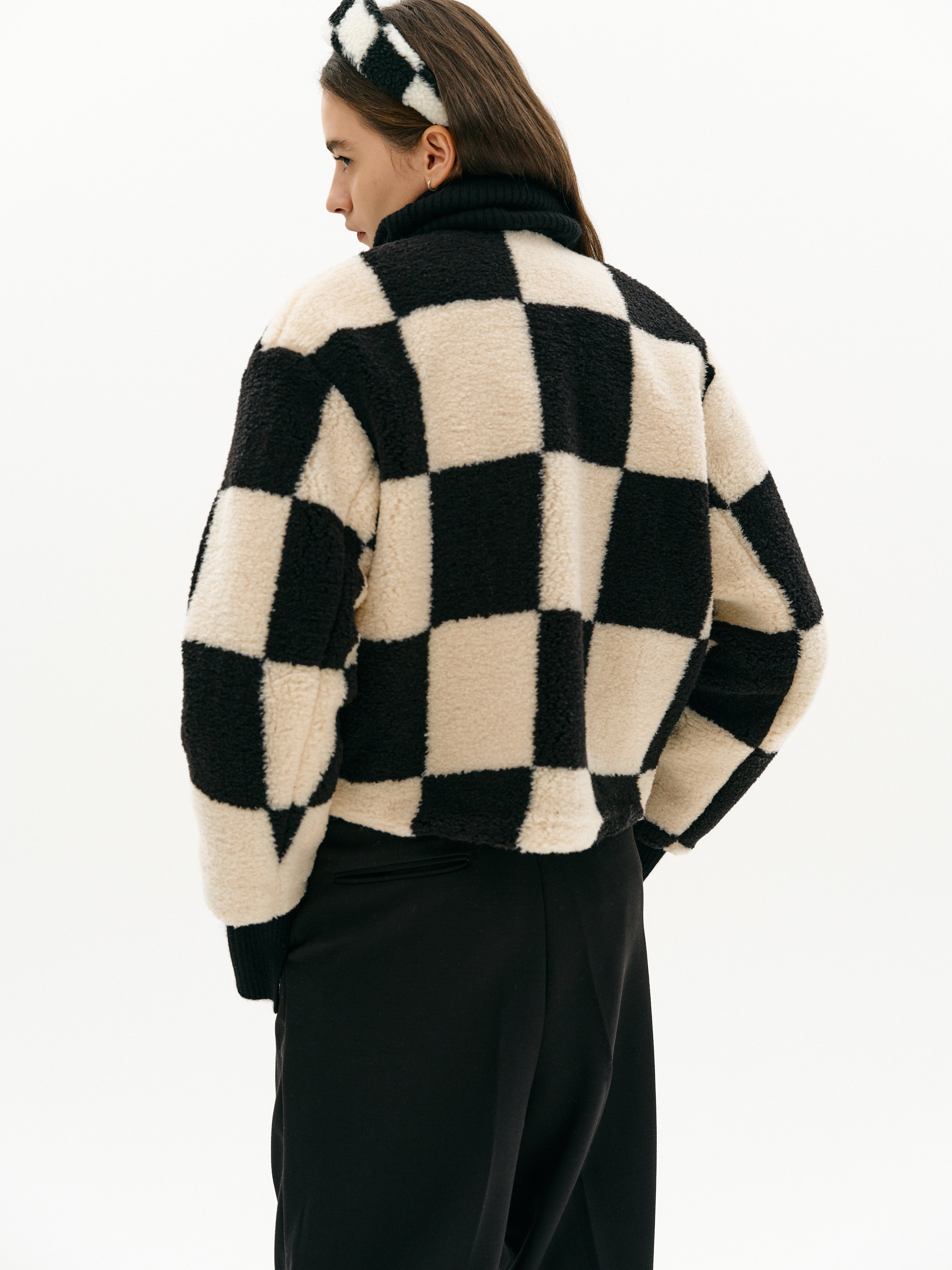 Collarless Checked Shearling Jacket Black SourceUnknown