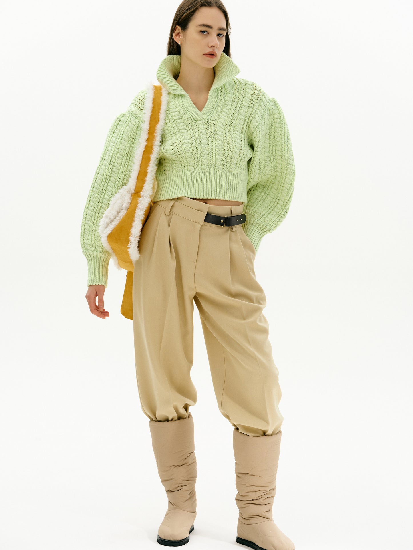 Puff Shoulder Cable Knit Sweater, Lime