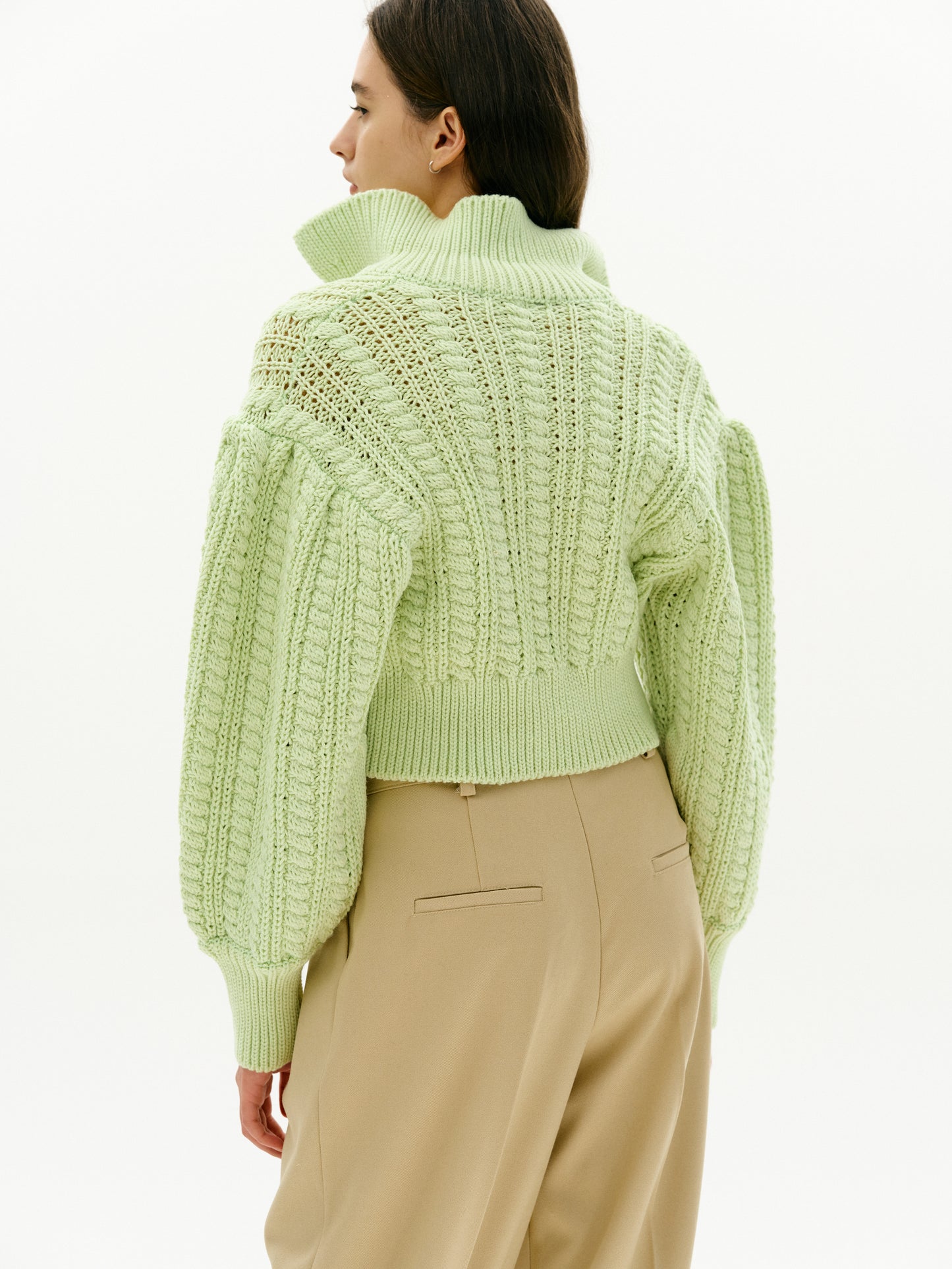 Puff Shoulder Cable Knit Sweater, Lime