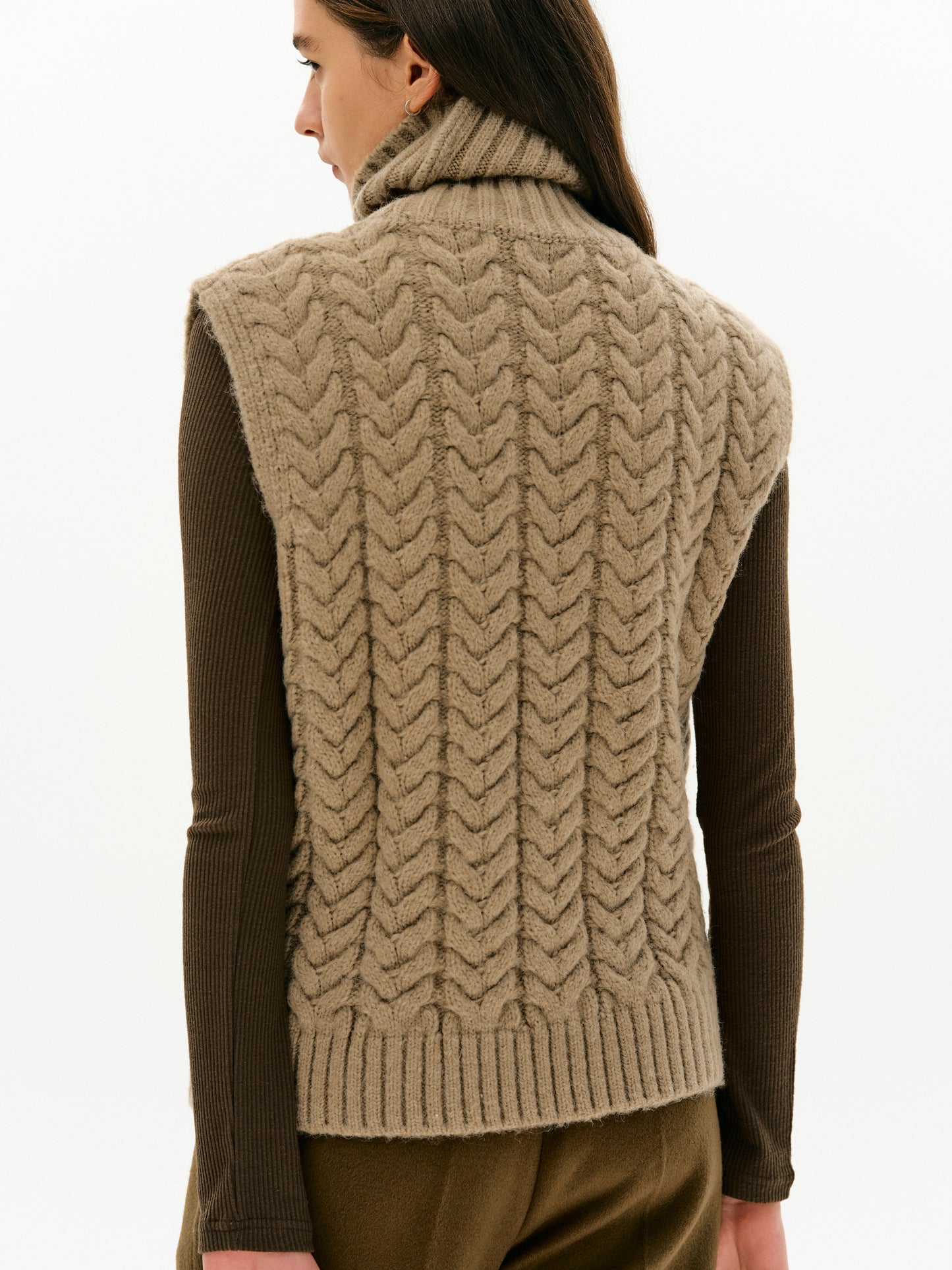 Cable Knit Sleeveless Turtleneck, Biscuit