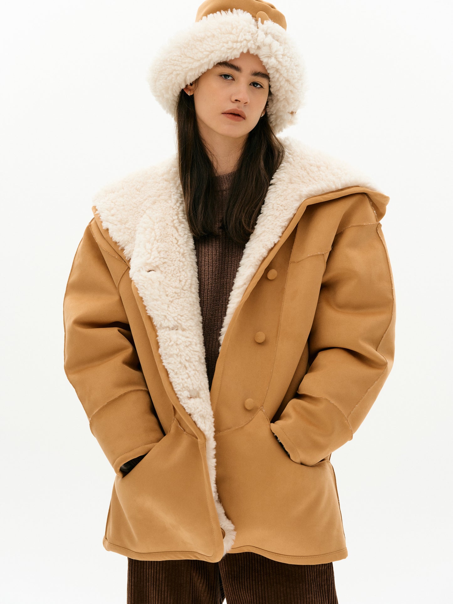 Lux Shearling Suede Coat, Caramel