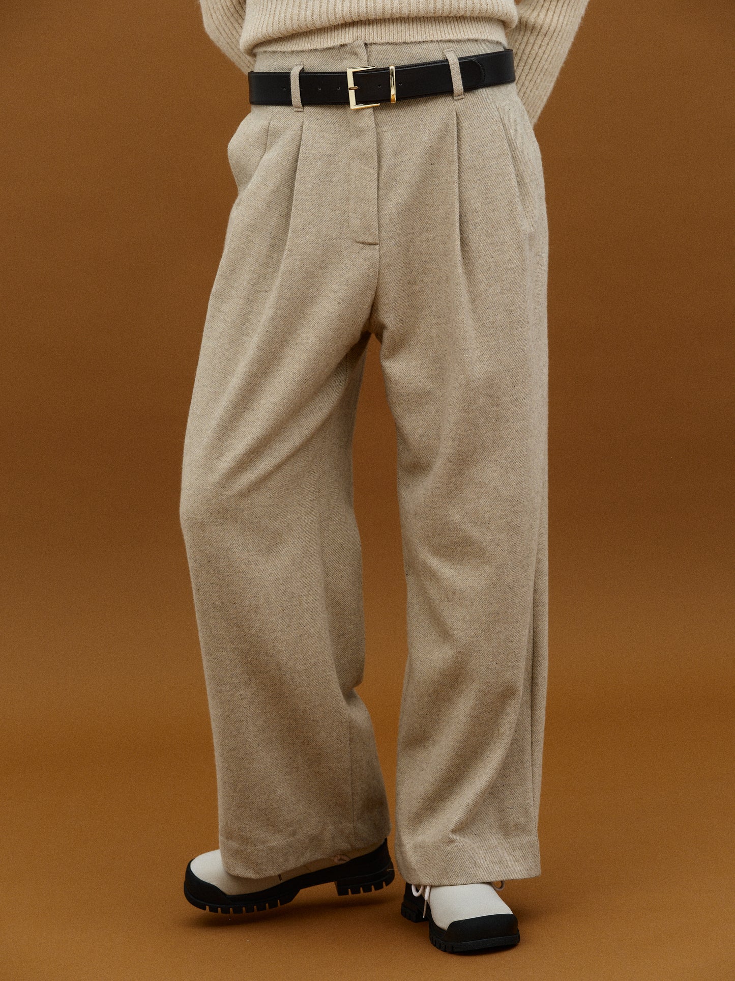 Low Belt Loop Wool Trousers, Beige Melange
