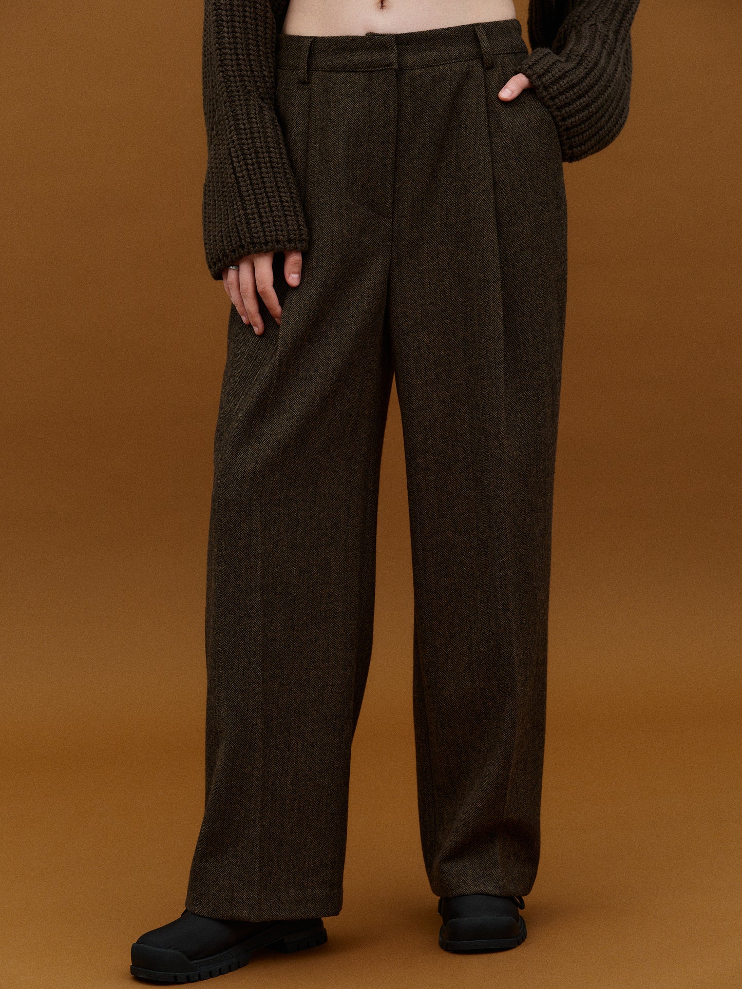 Herringbone Wool Trousers, Dark Brown Melange