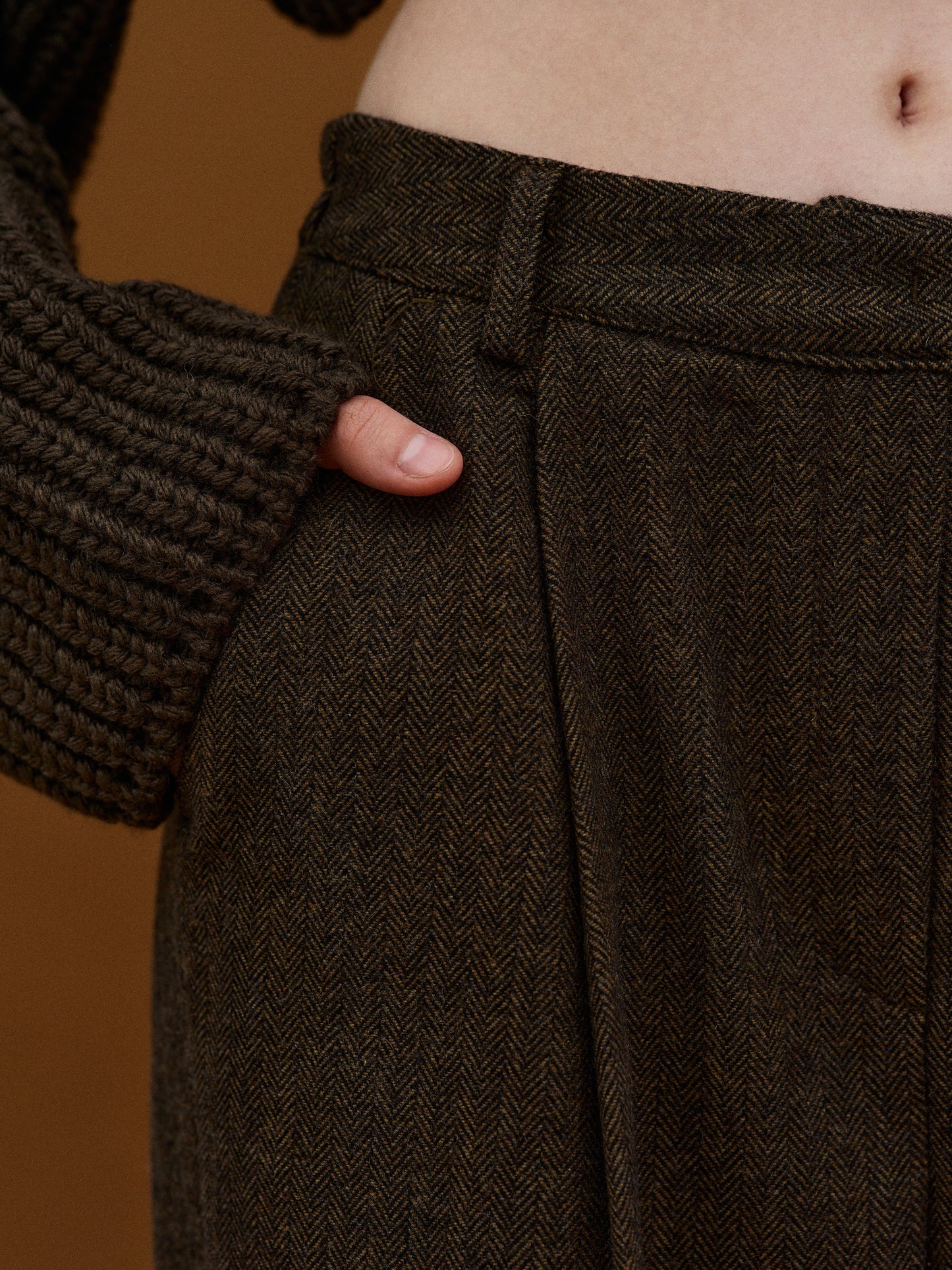 Herringbone Wool Trousers, Dark Brown Melange
