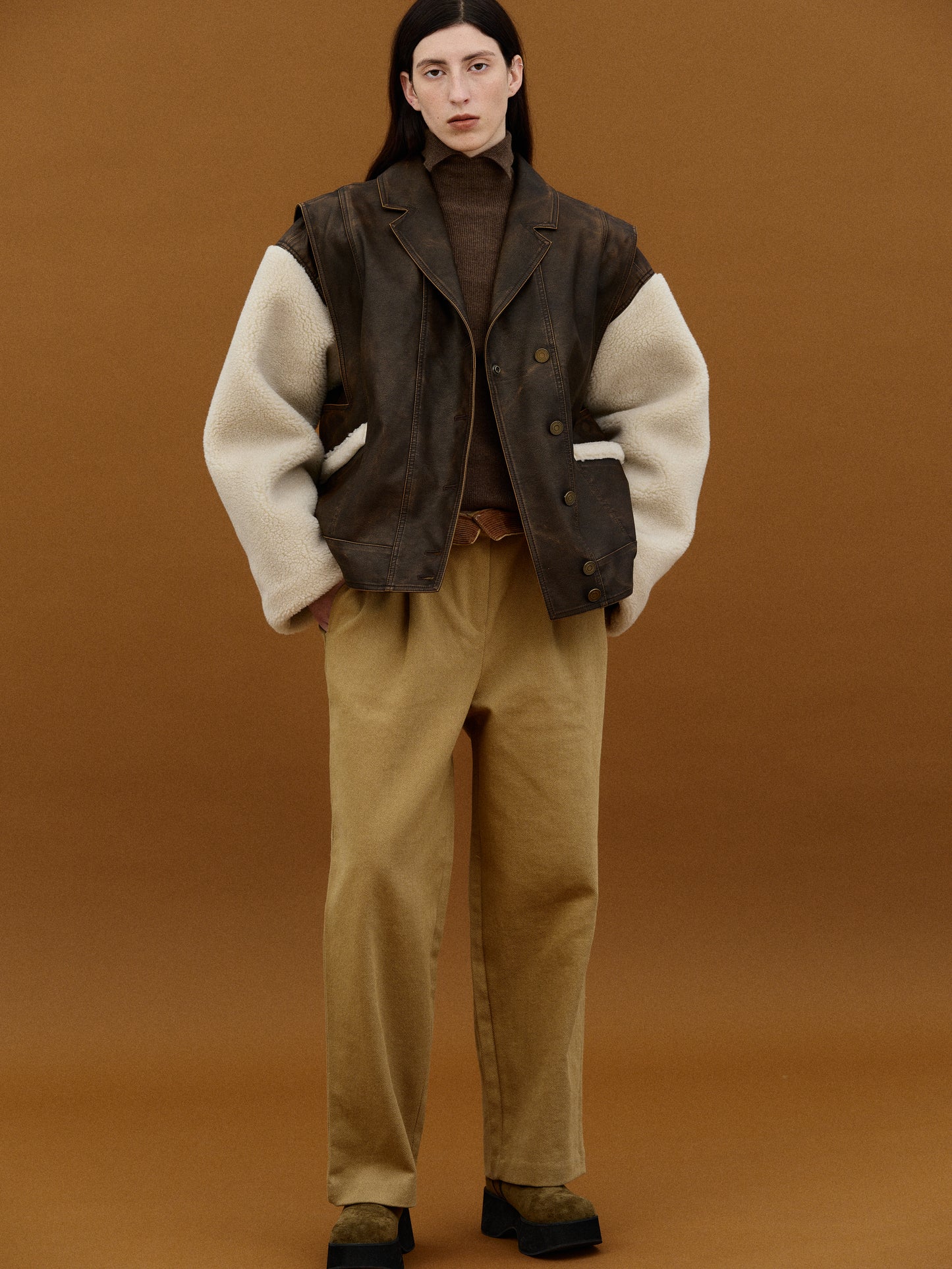 Detachable Shearling Leather Jacket, Brown Wash SourceUnknown