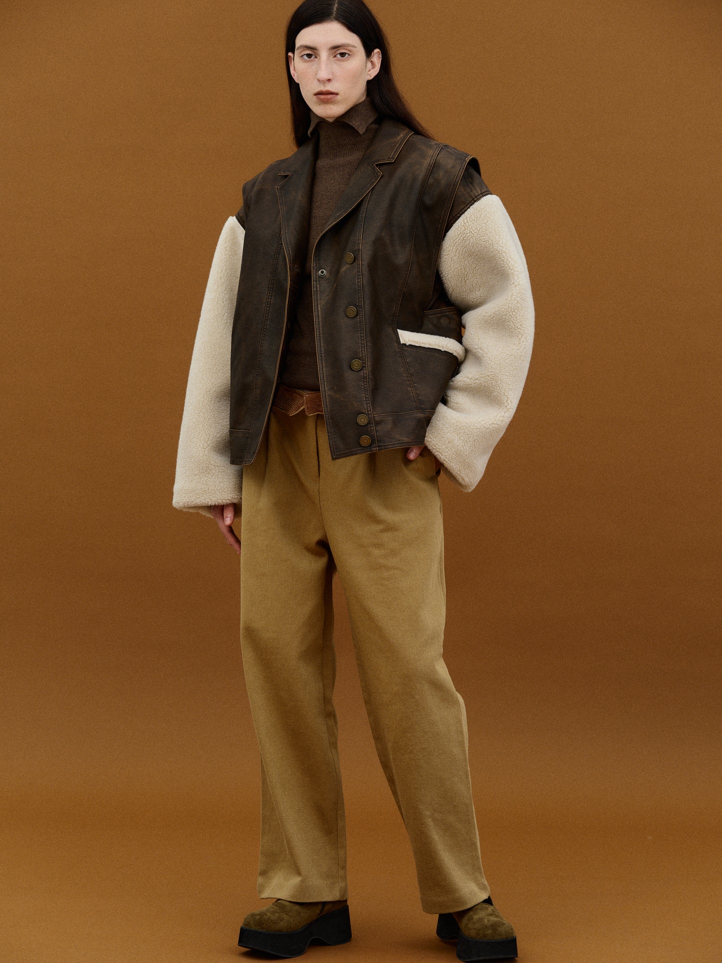 Detachable Shearling Leather Jacket, Brown Wash SourceUnknown