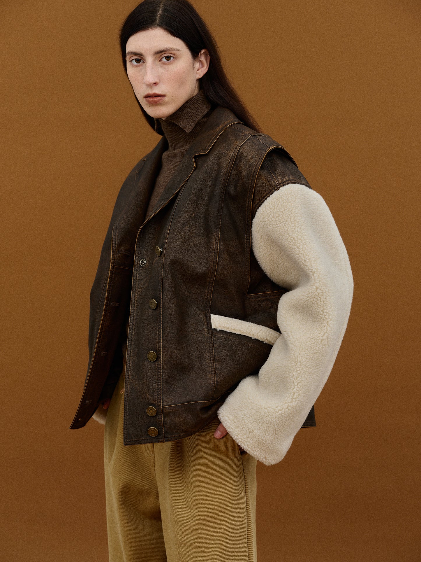 Detachable Shearling Leather Jacket, Brown Wash SourceUnknown