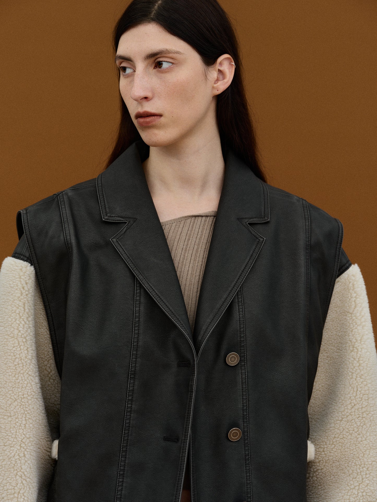 Detachable Shearling Leather Jacket, Black Wash
