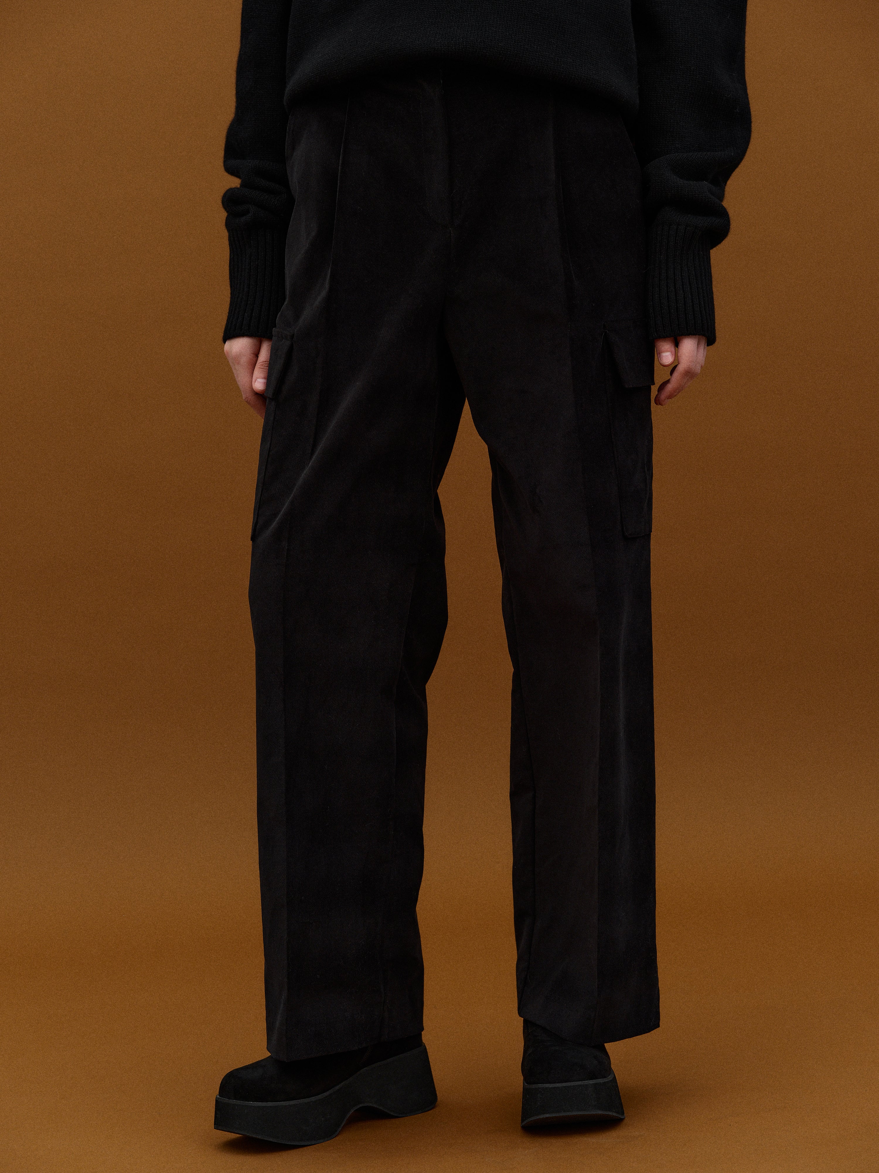 Cotton Velvet Cargo Pants, Black – SourceUnknown