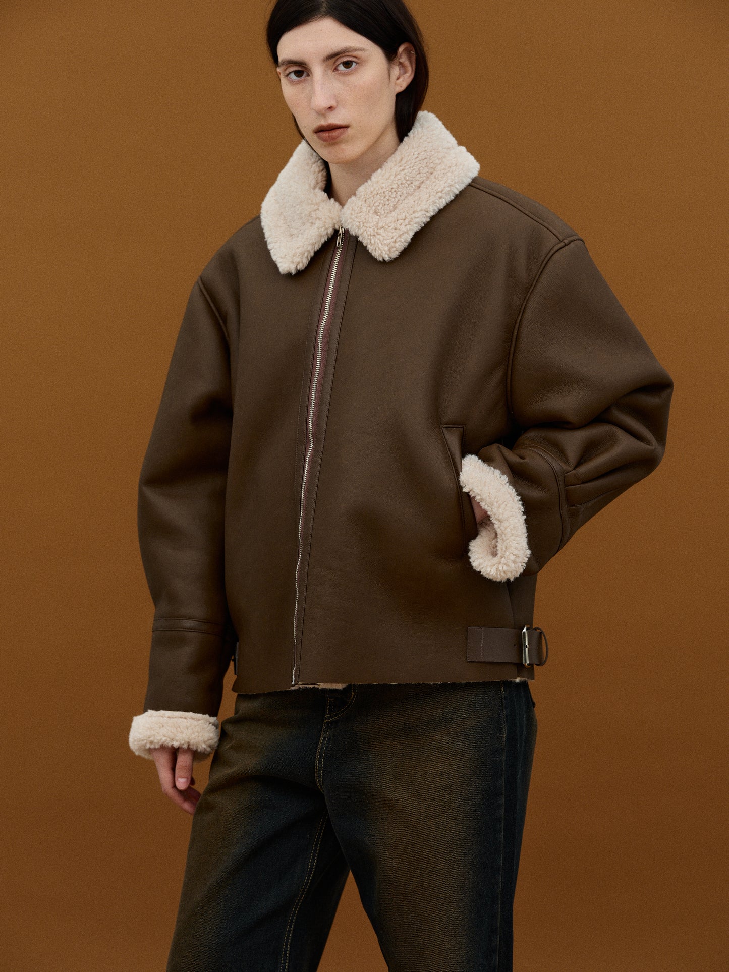 Soft Shearling Leather Bomber, Wood