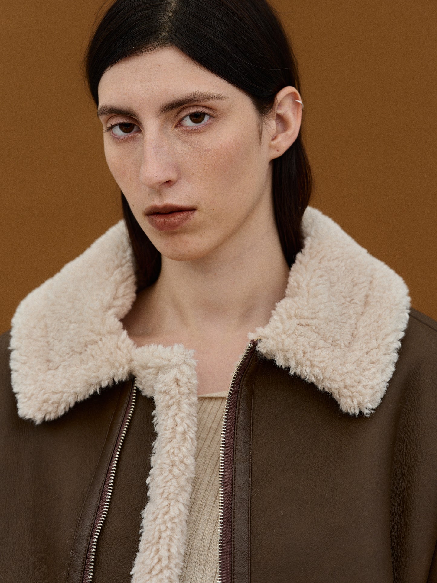 Soft Shearling Leather Bomber, Wood