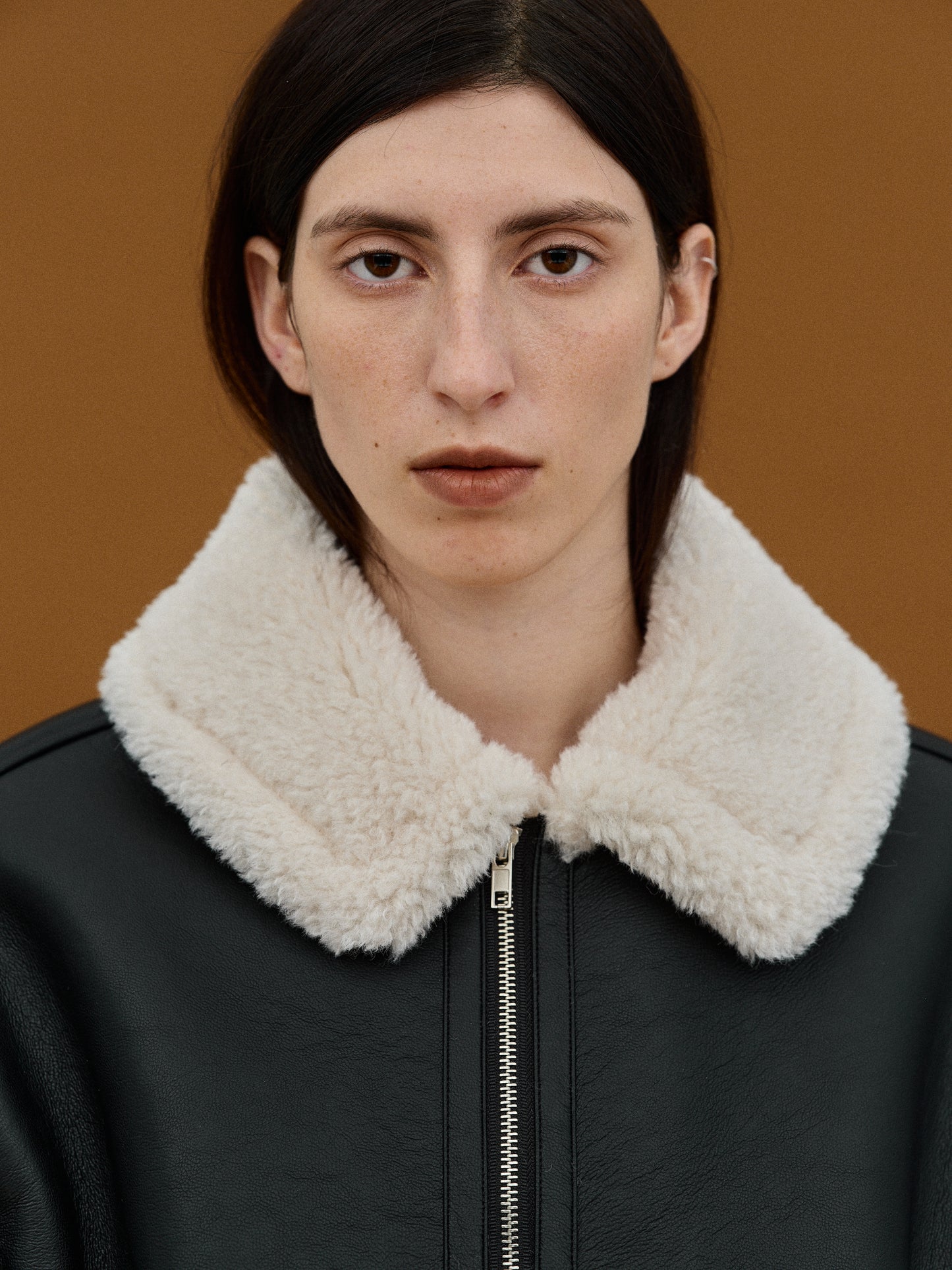 Soft Shearling Leather Bomber, Black