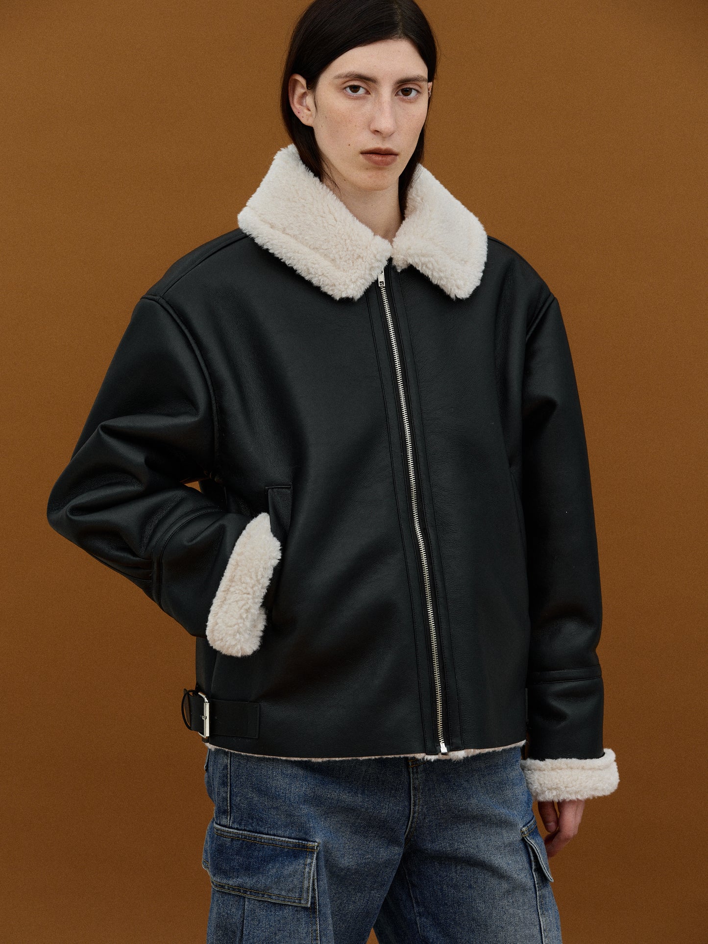 Soft Shearling Leather Bomber, Black
