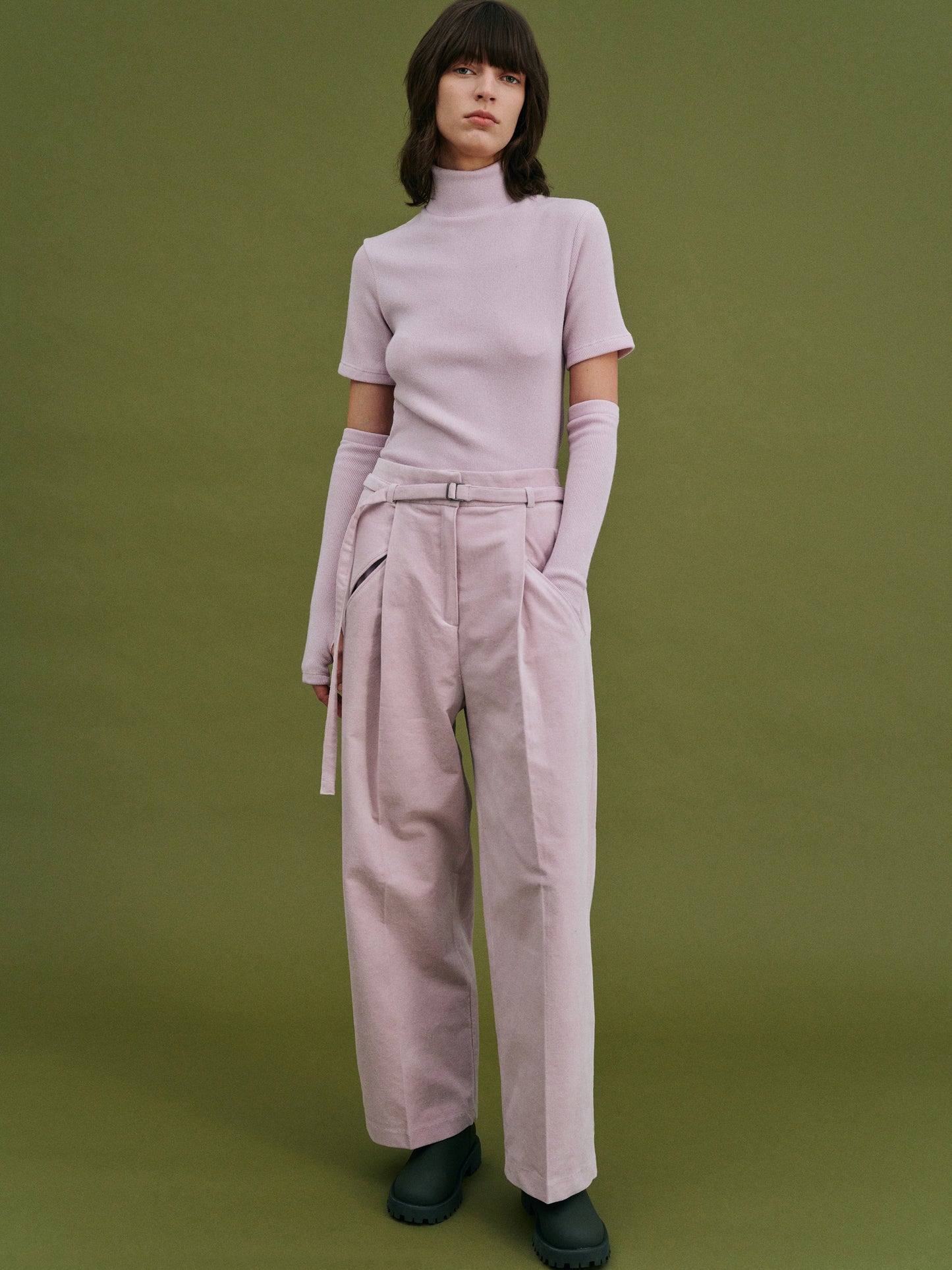 Velvet Suede Belted Trousers, Burnished Lilac