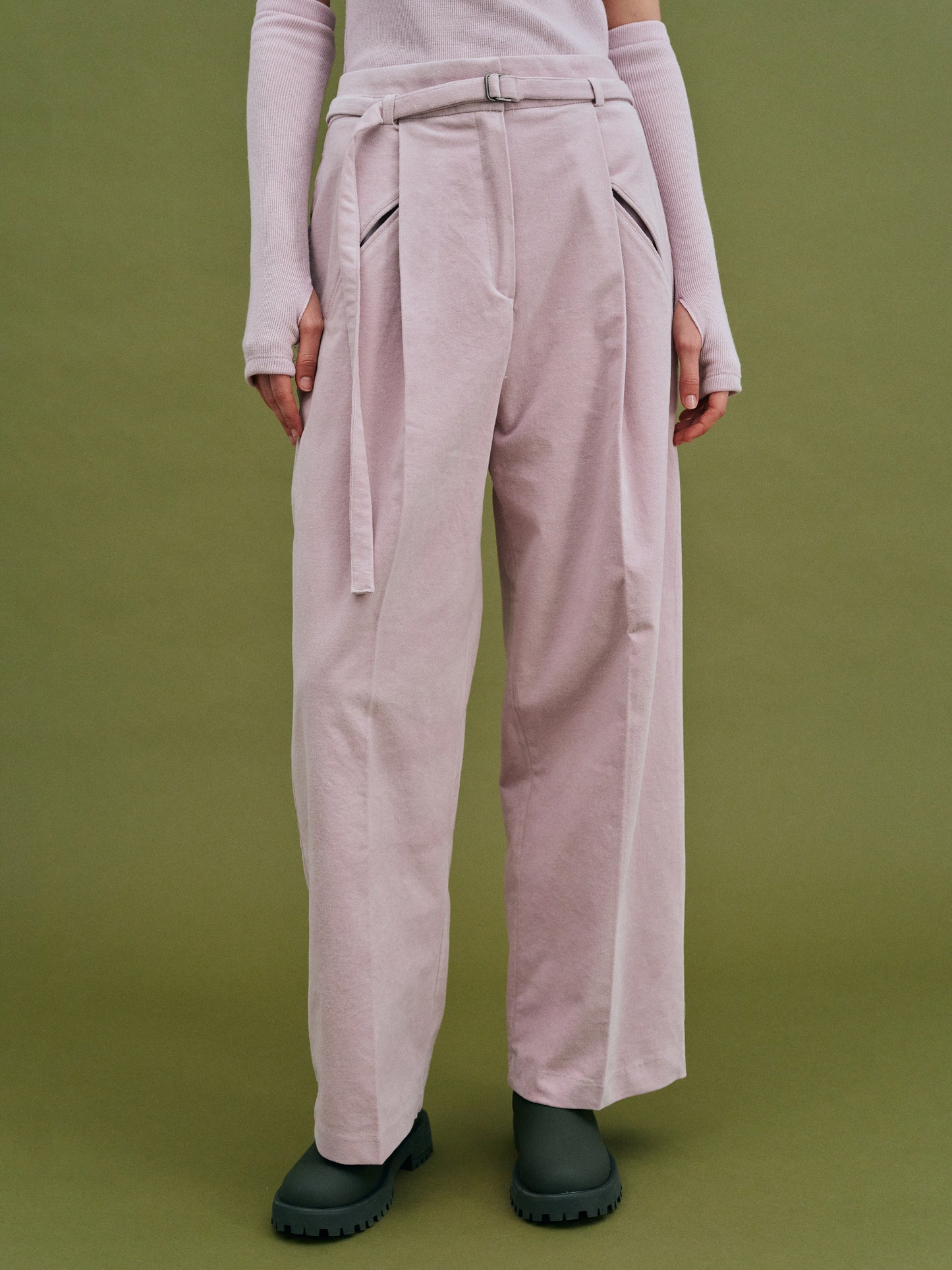 Velvet Suede Belted Trousers, Burnished Lilac
