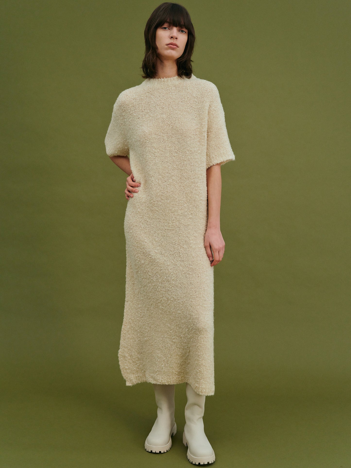 Wool Bouclé Dress + Balaclava Set, Eggnog