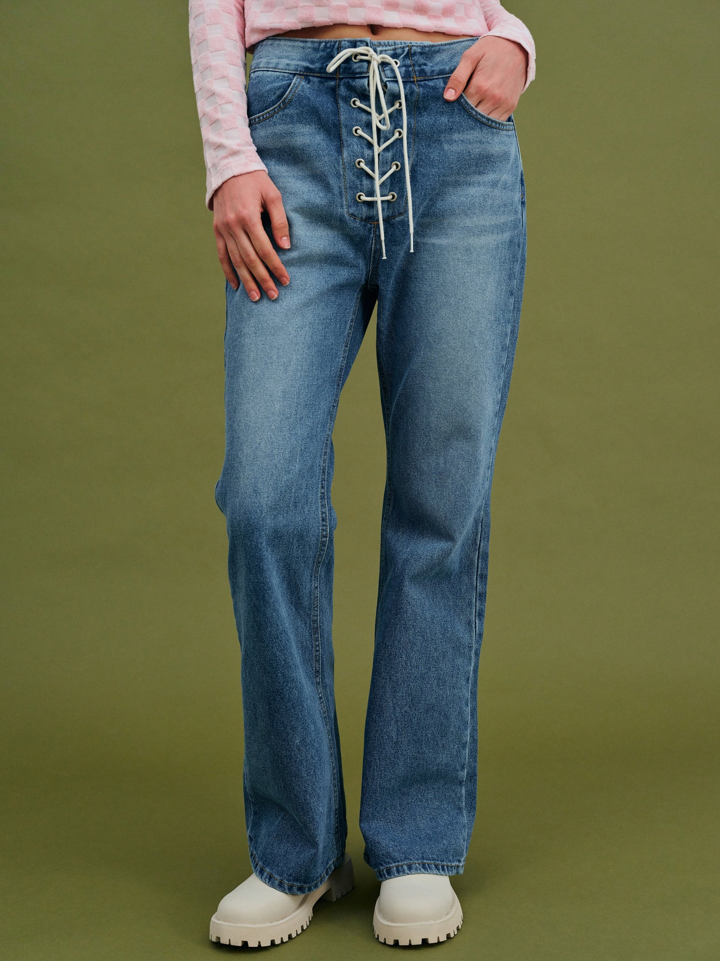 Low Rise Lace-Up Jeans, Blue