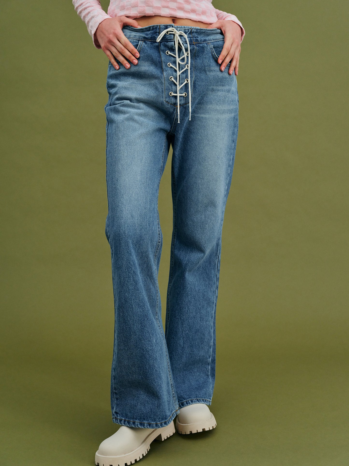 Low Rise Lace-Up Jeans, Blue