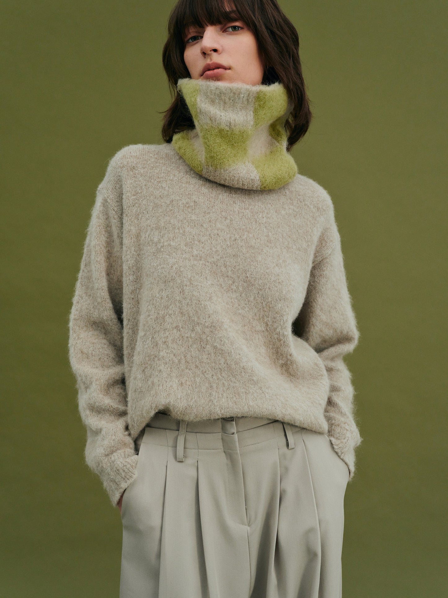 Hairy Neck Warmer Sweater Set, Greige Melange