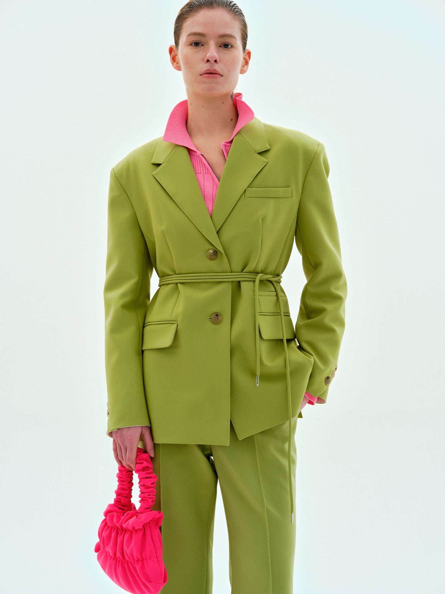 Belted Suit Blazer, Pear Green