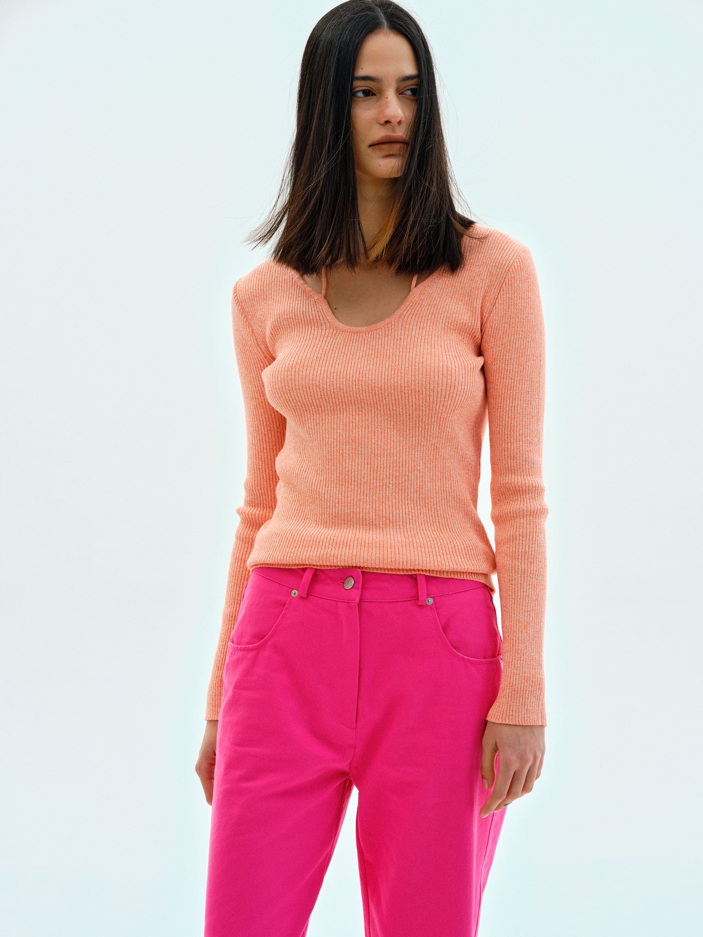 Plunge Rib Knit, Pink Orange