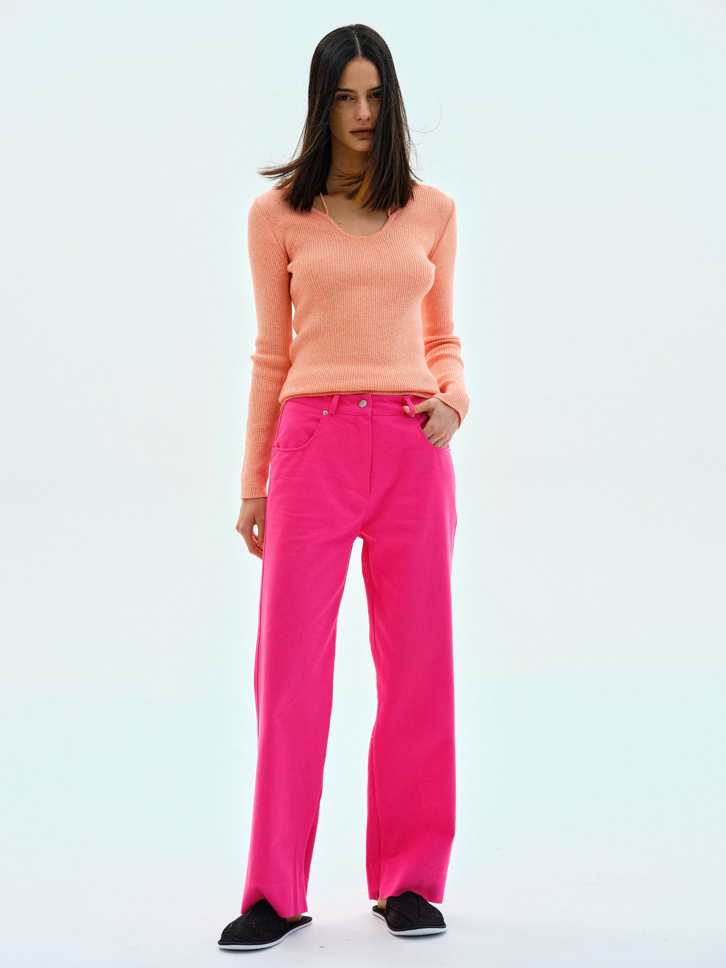 Plunge Rib Knit, Pink Orange