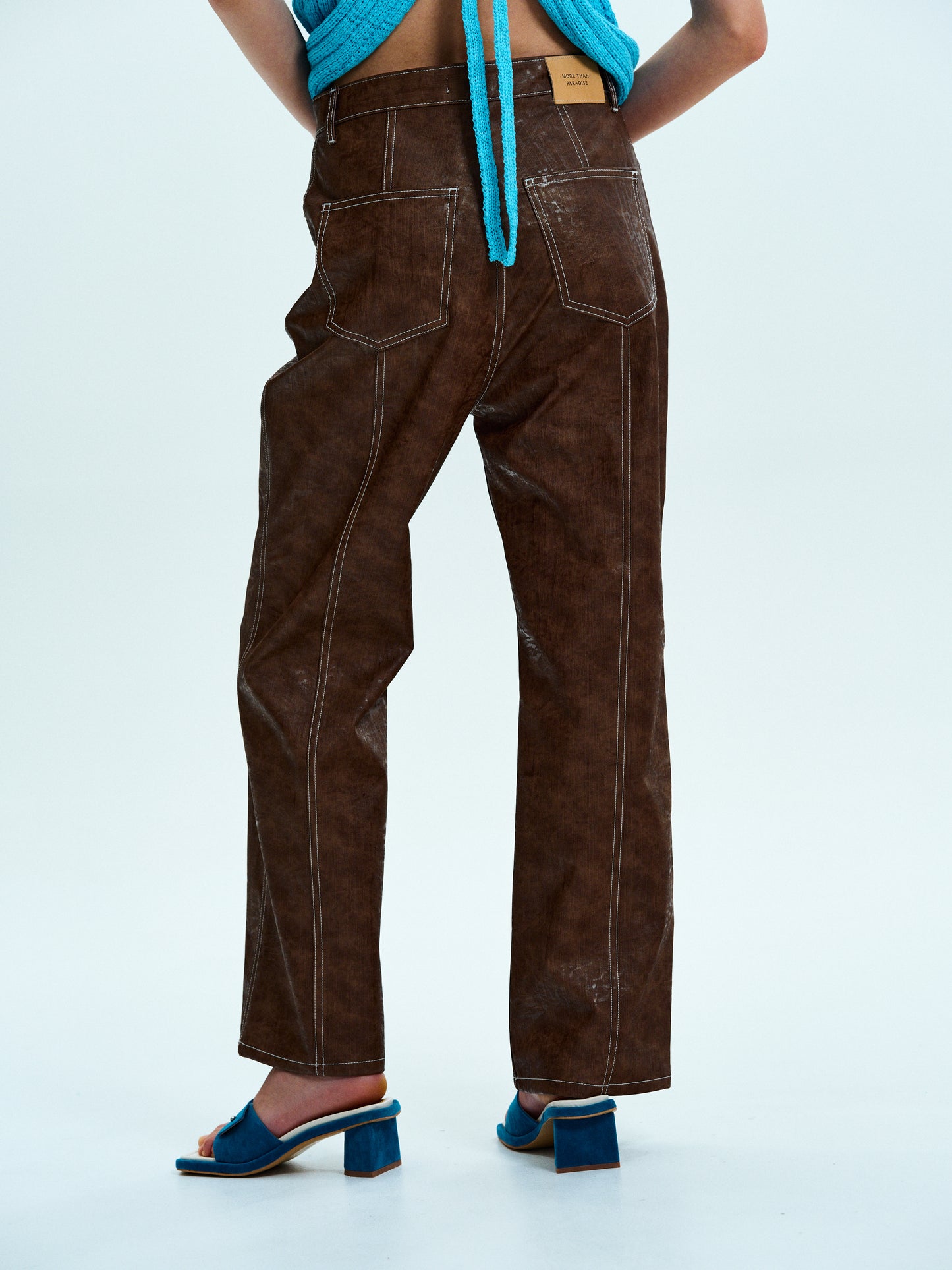 Coated Vegan Leather Trousers, Dark Brown