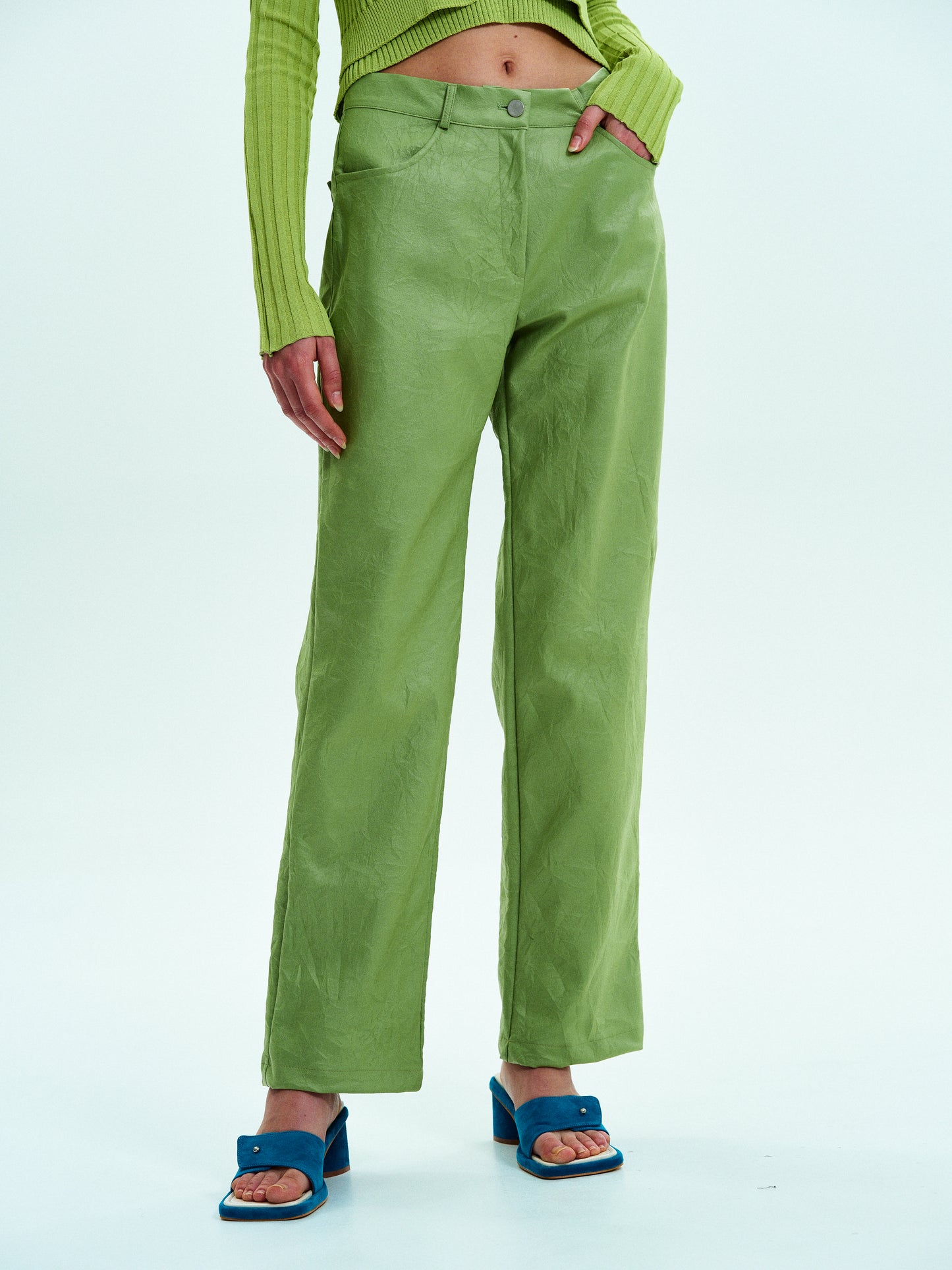 Crinkled Faux-Leather Pants, Broccoli