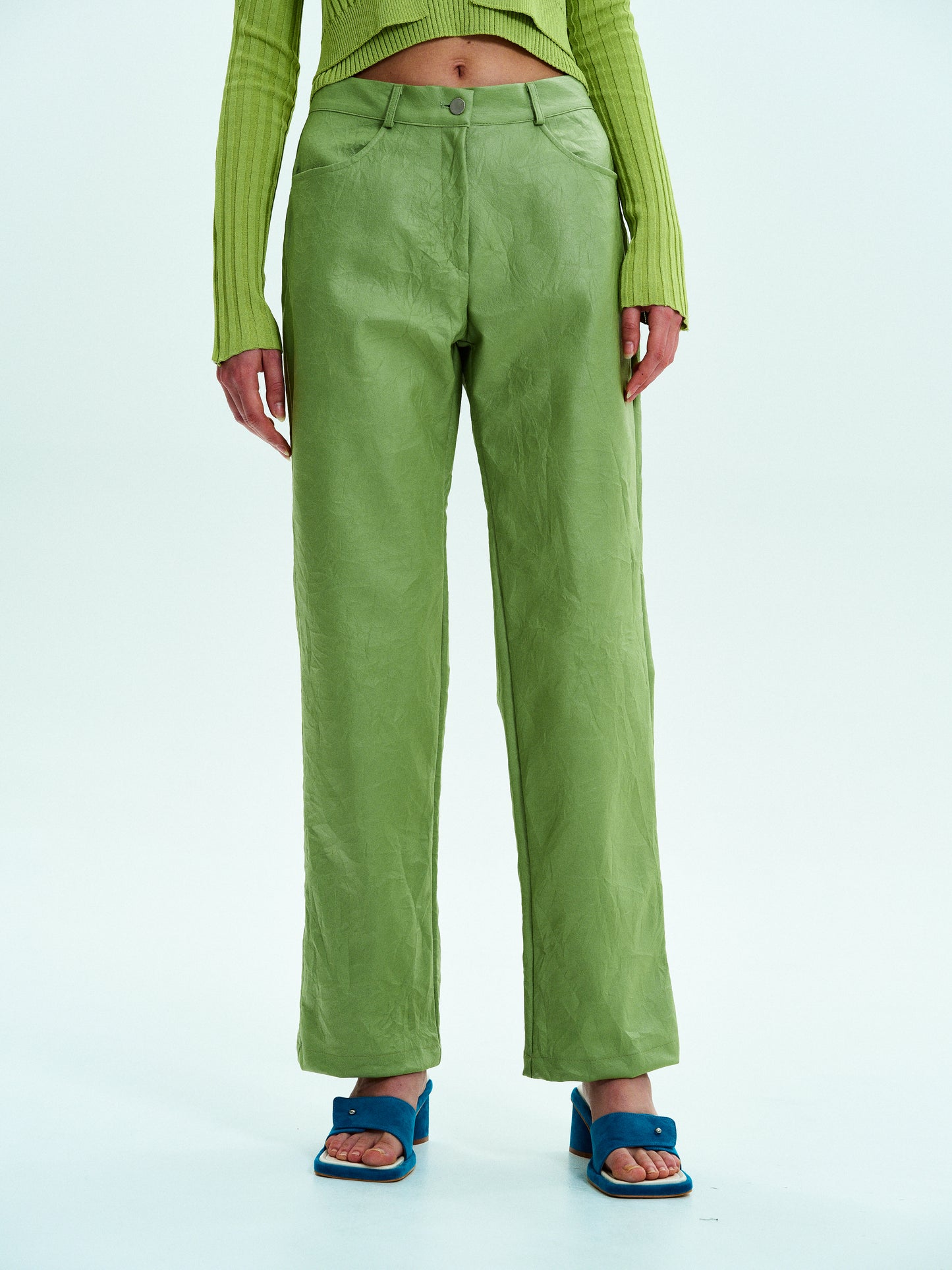 Crinkled Faux-Leather Pants, Broccoli