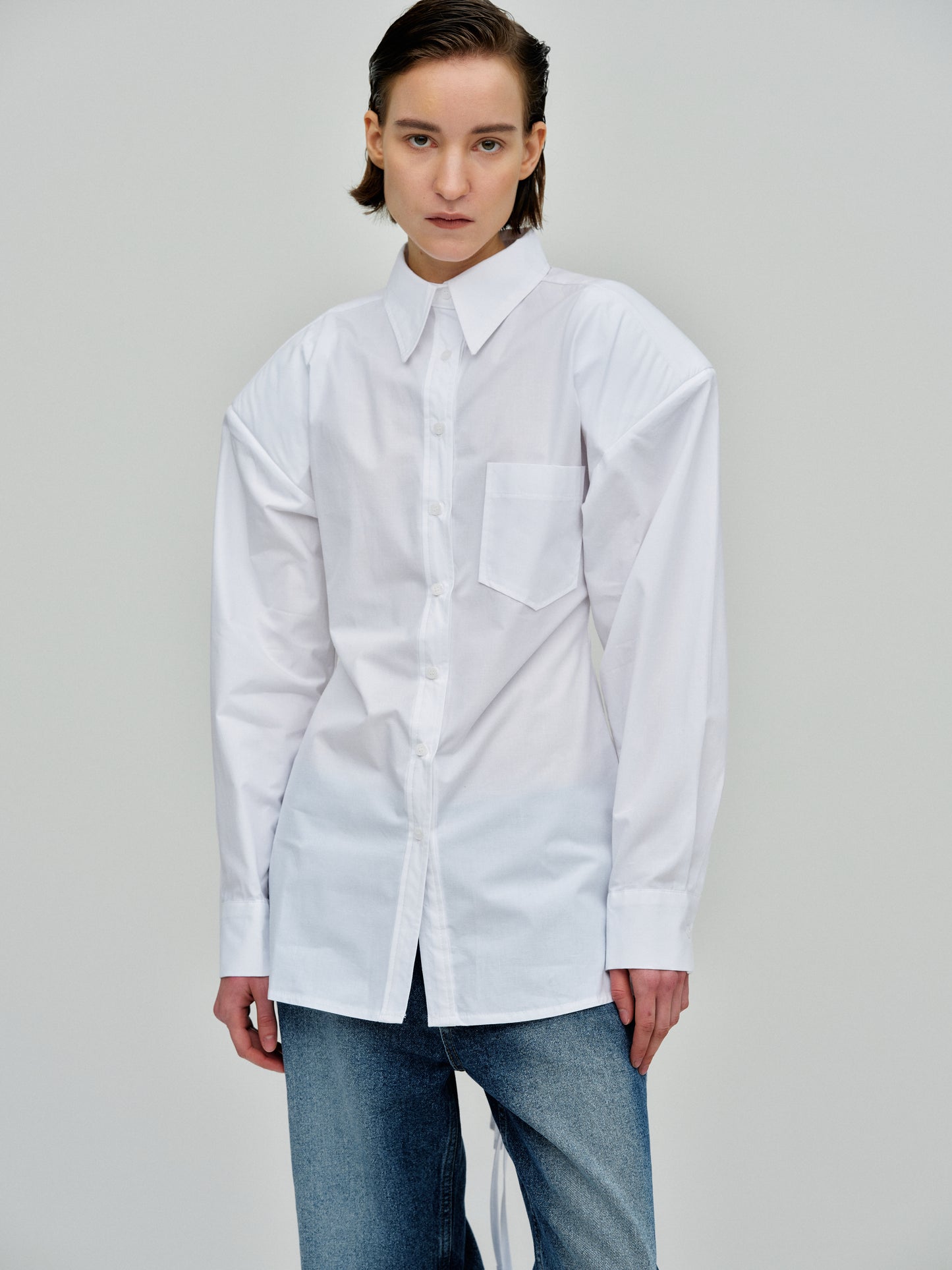Cinched Pad Shoulder Shirt, White – SourceUnknown