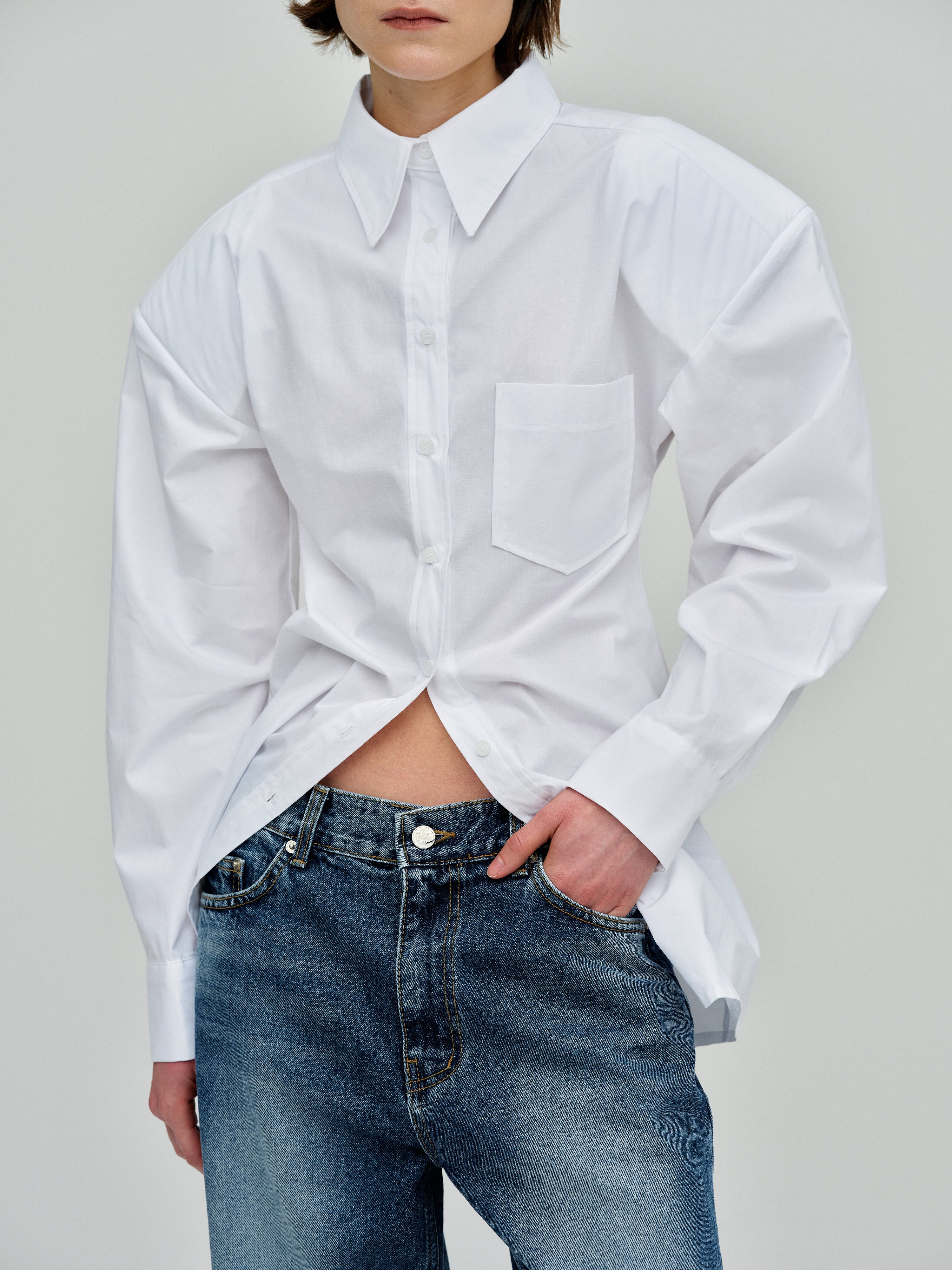 Cinched Pad Shoulder Shirt, White – SourceUnknown