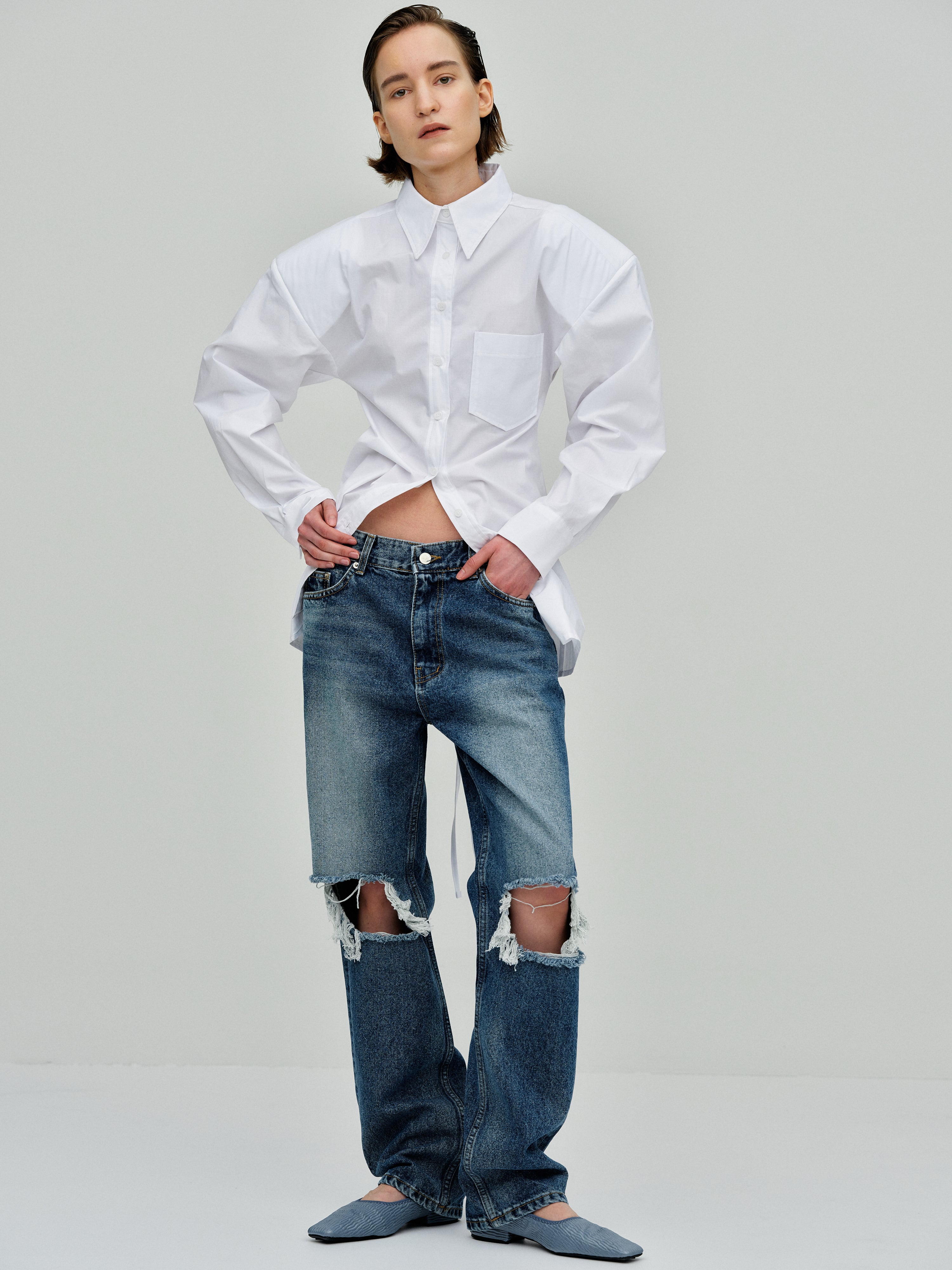 Cinched Pad Shoulder Shirt, White – SourceUnknown