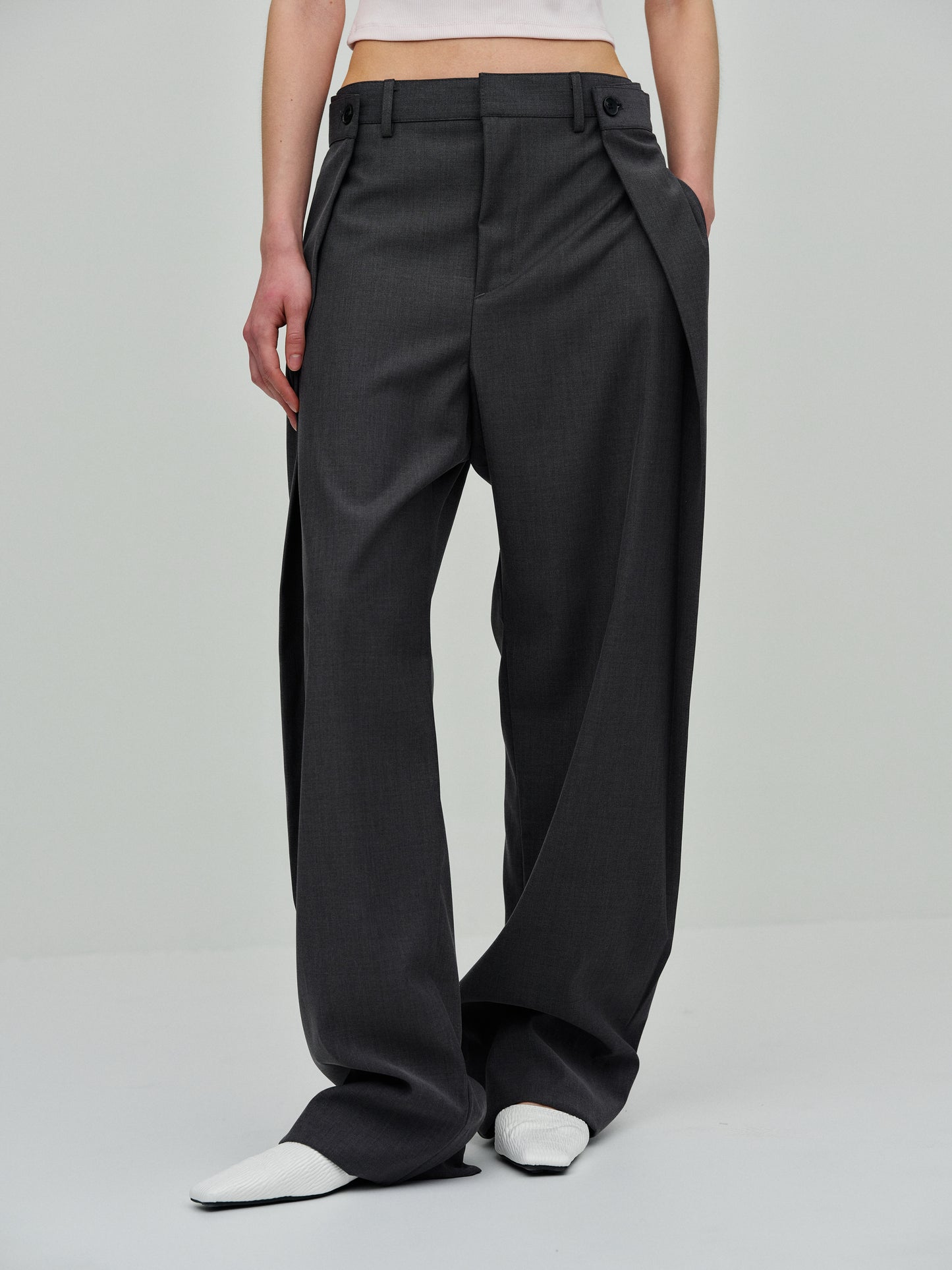 Fold Waistband Trousers, Dark Grey Melange