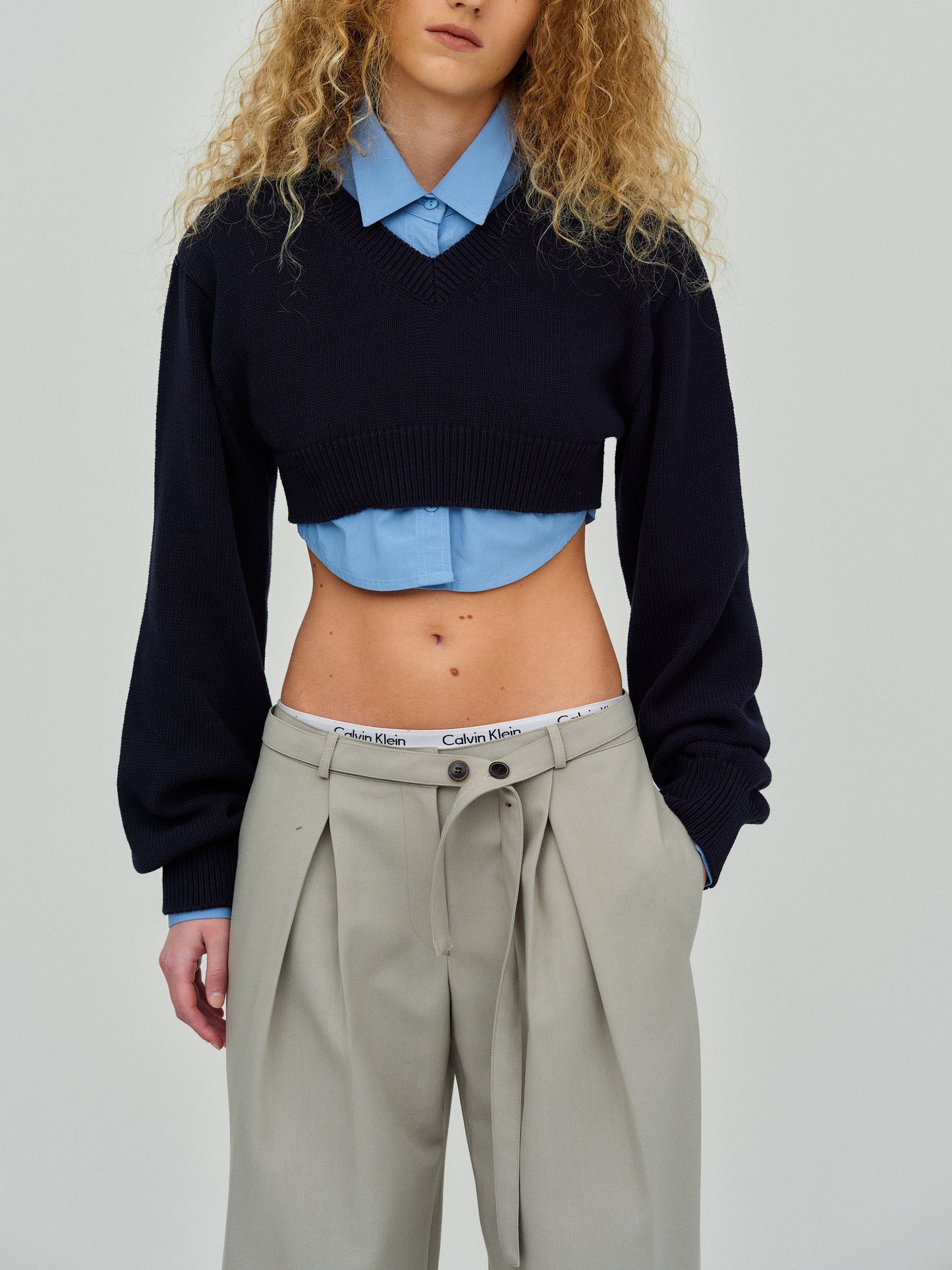 Cropped Cotton Knit, Navy