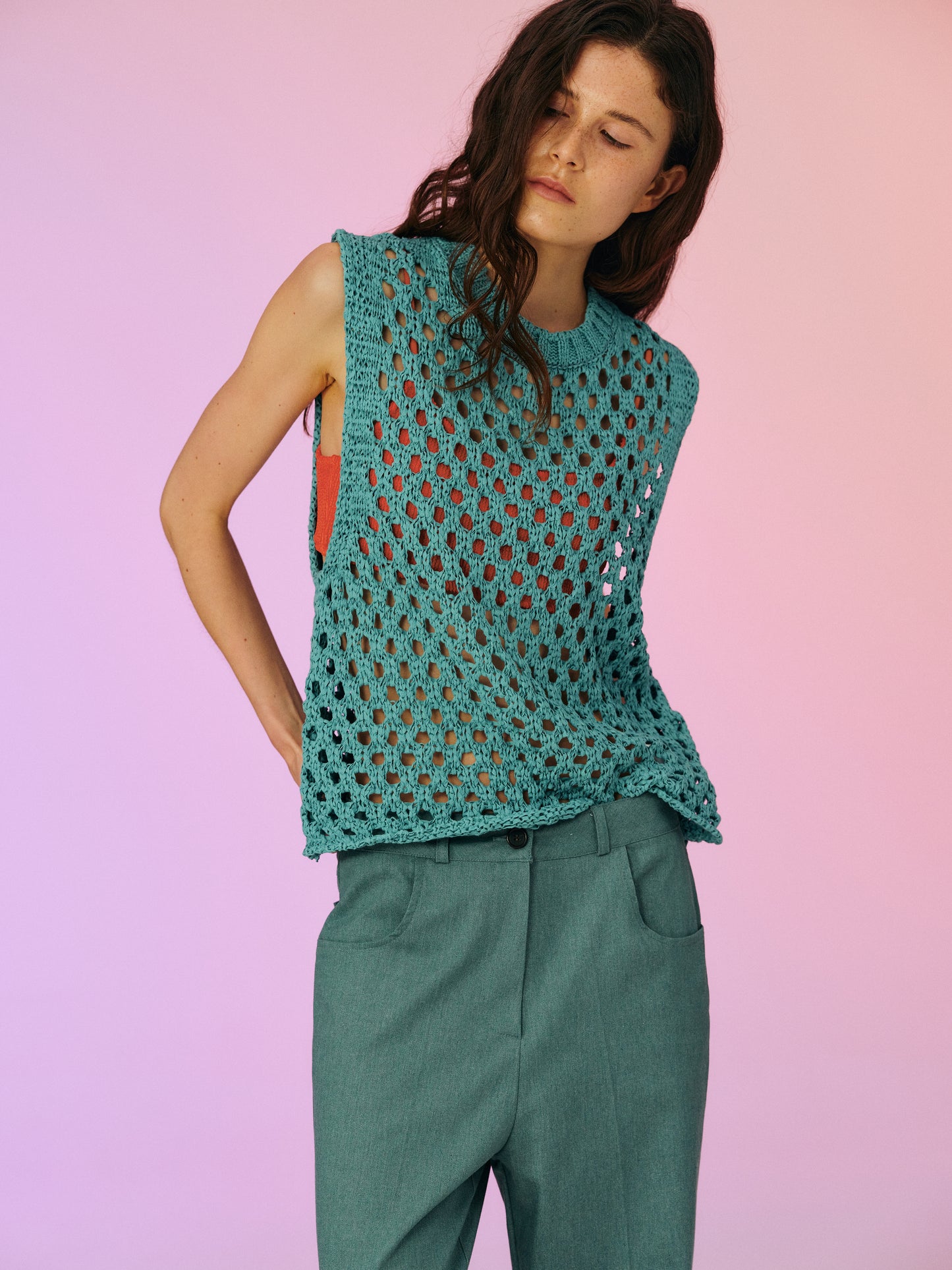 Open Crochet Knit Vest, Pine Green