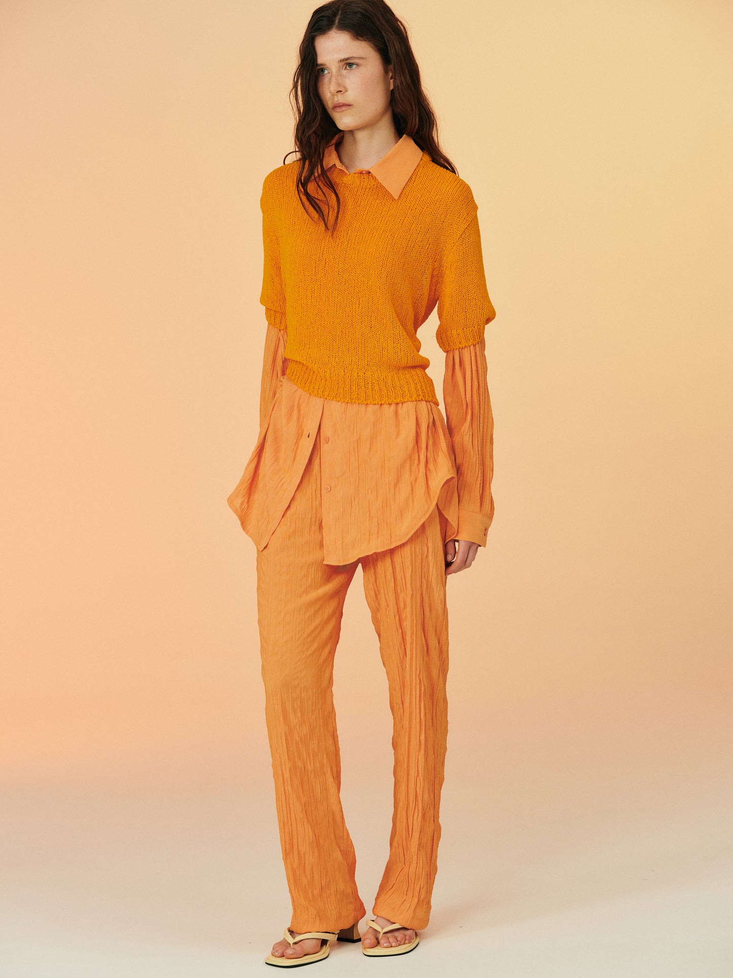 Crinkled Garment-Pleated Pants, Orange