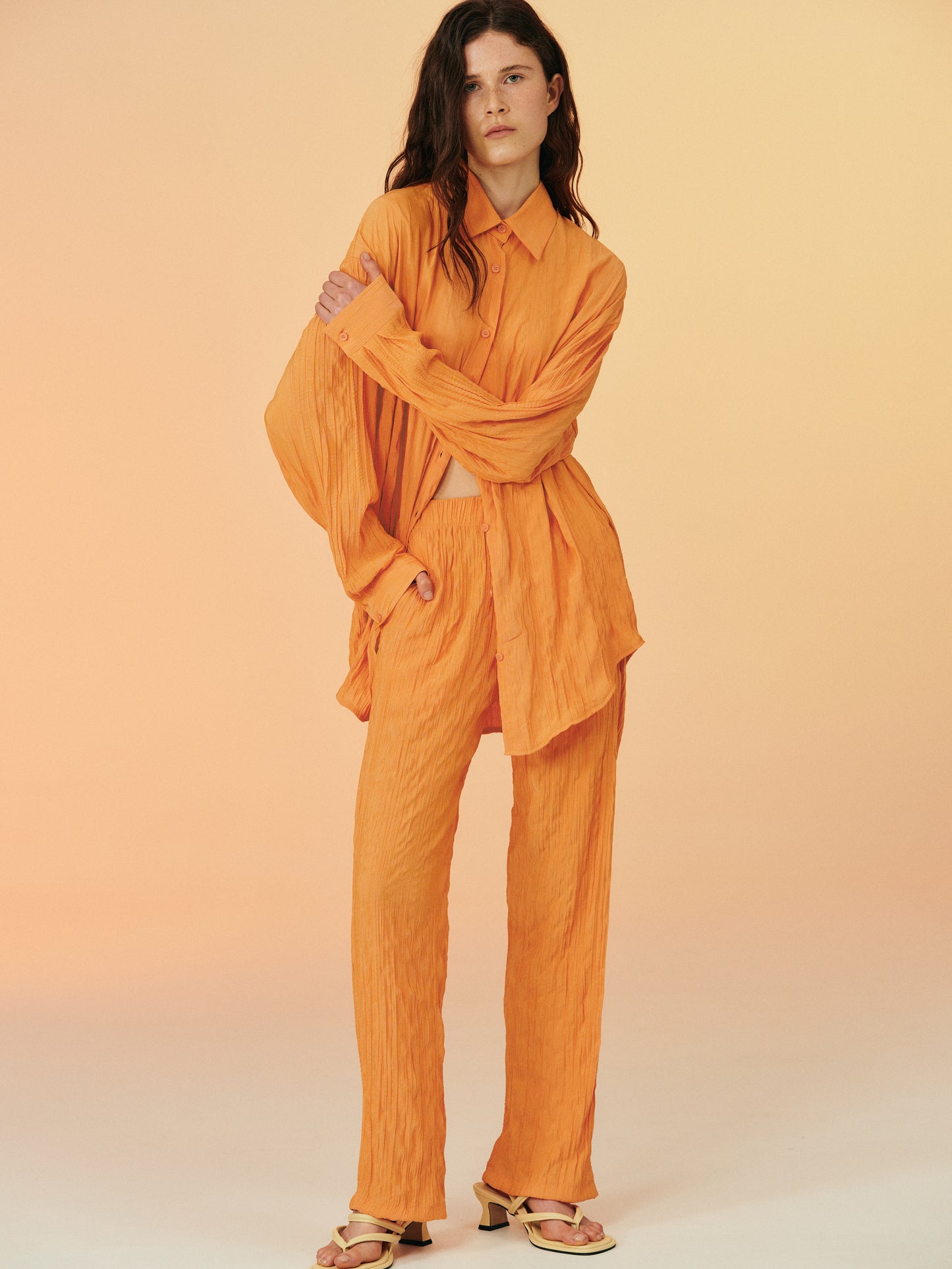 Crinkled Garment-Pleated Shirt, Orange