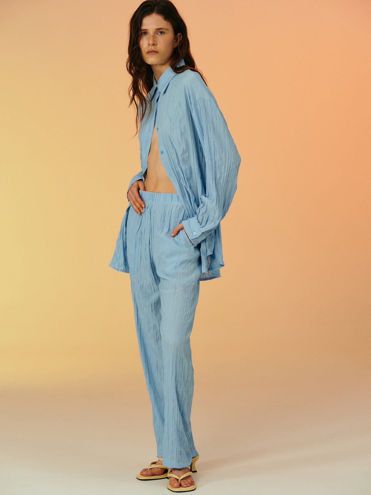 Crinkled Garment-Pleated Pants, Sky Blue