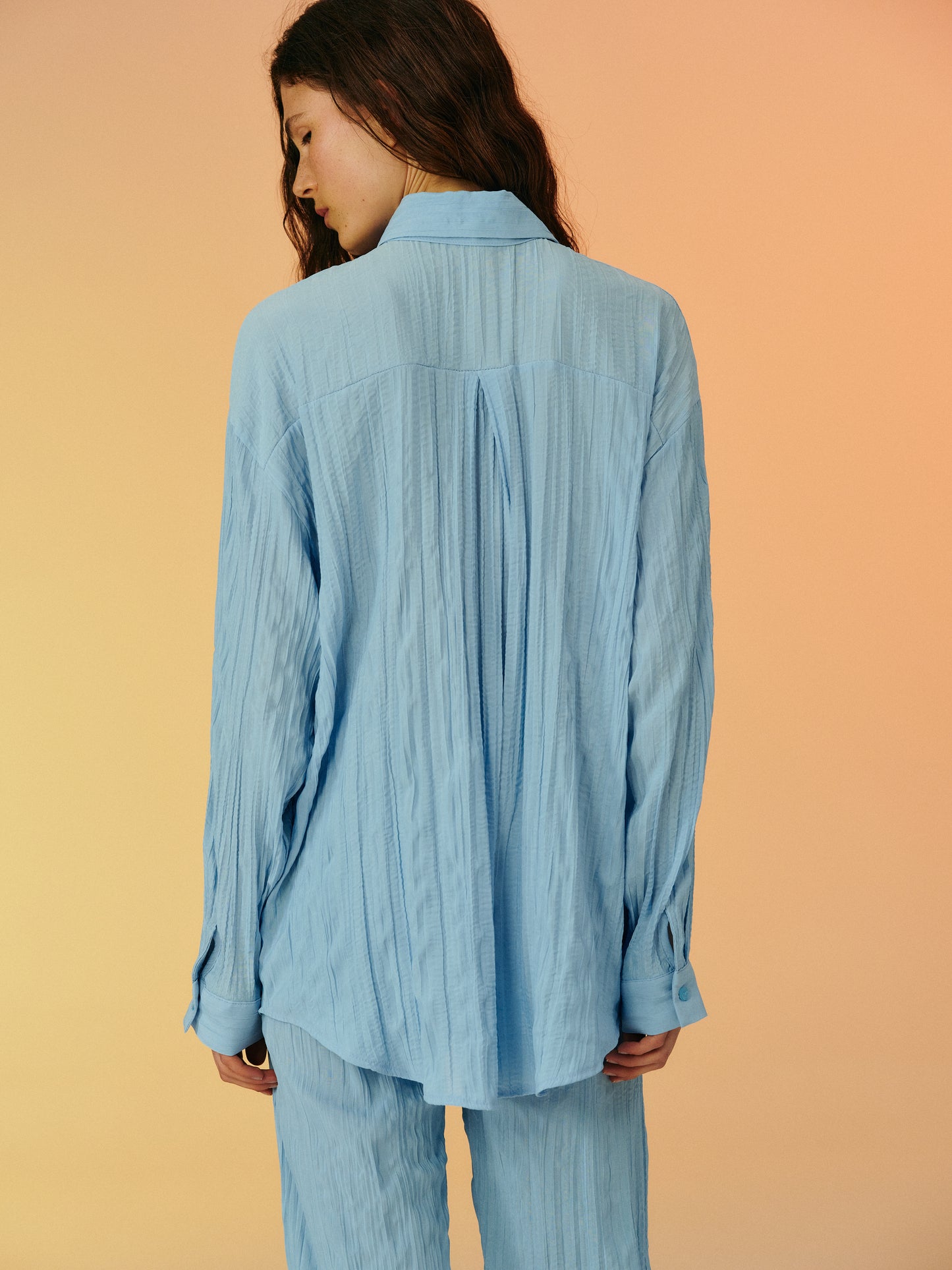 Crinkled Garment-Pleated Shirt, Sky Blue