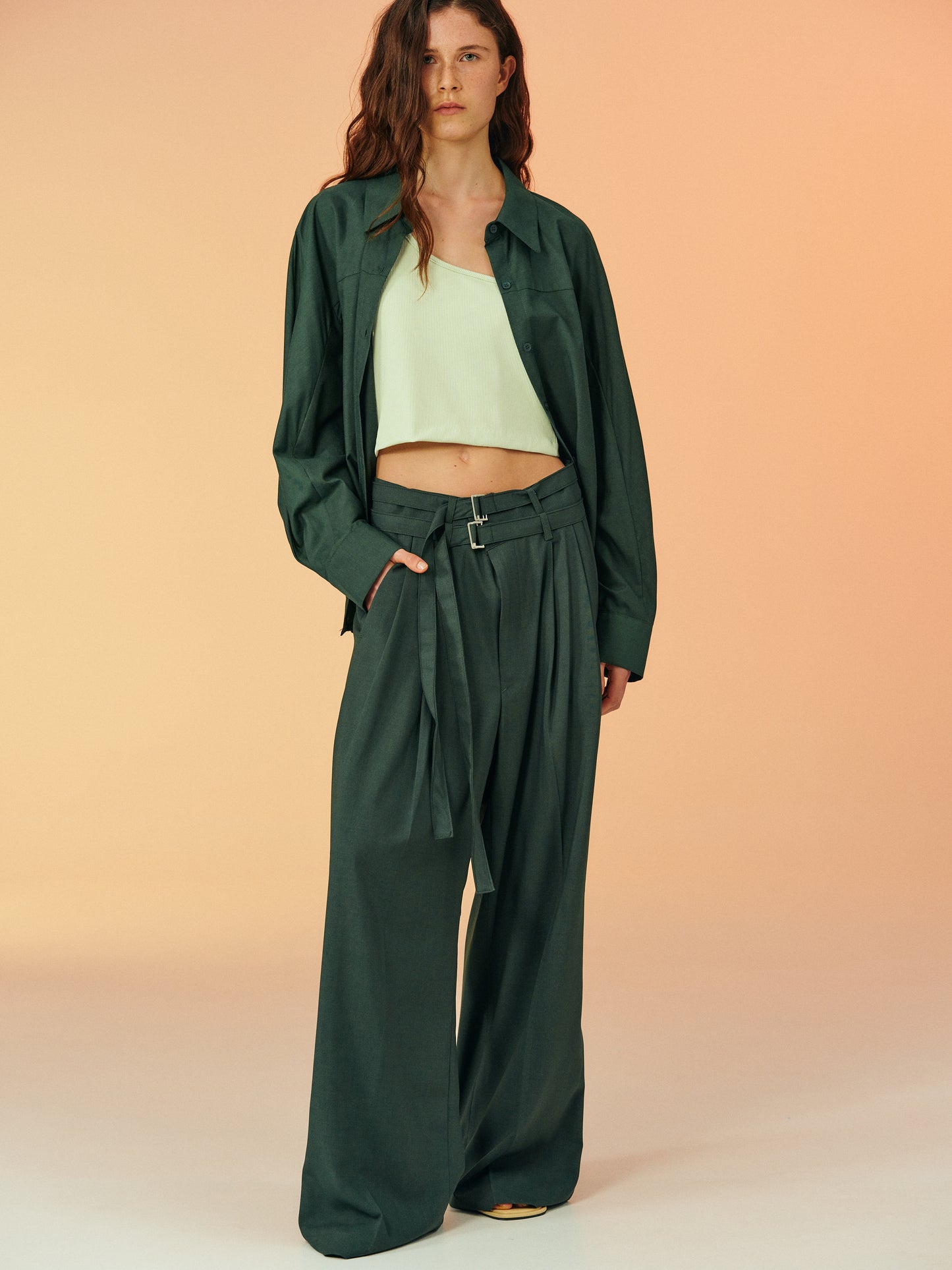 Double Belted Wide Trousers, Peale Green