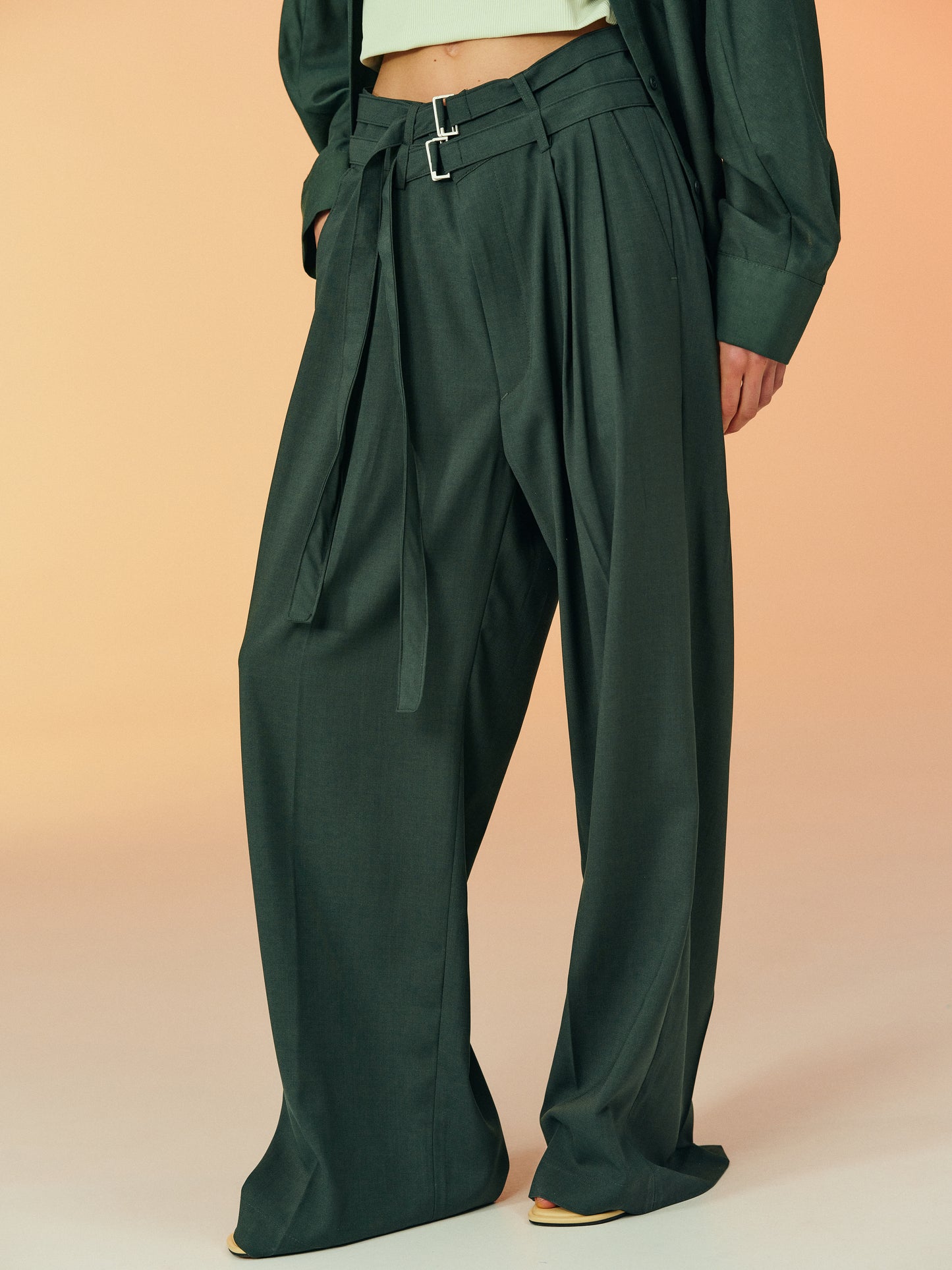 Double Belted Wide Trousers, Peale Green