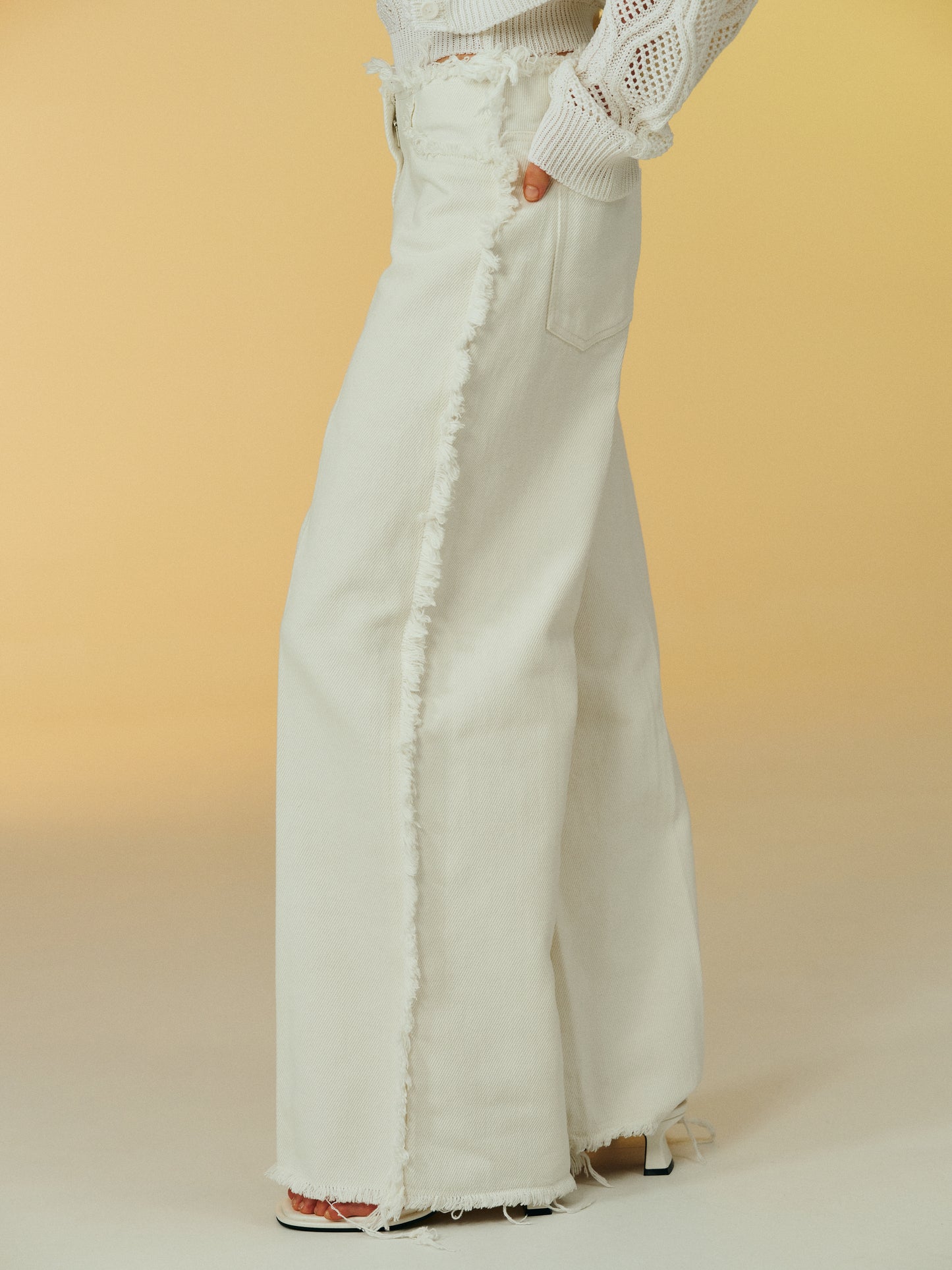 Fringed Wide Cotton Pants, Ivory
