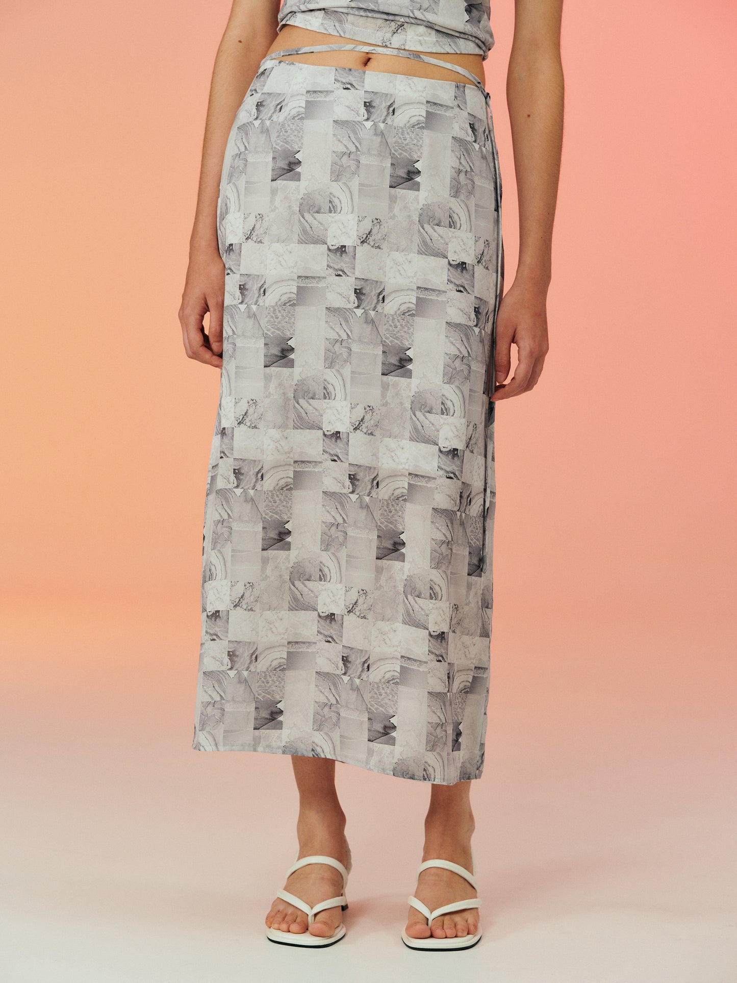 Tie-Belted Tile Print Skirt, Pebble