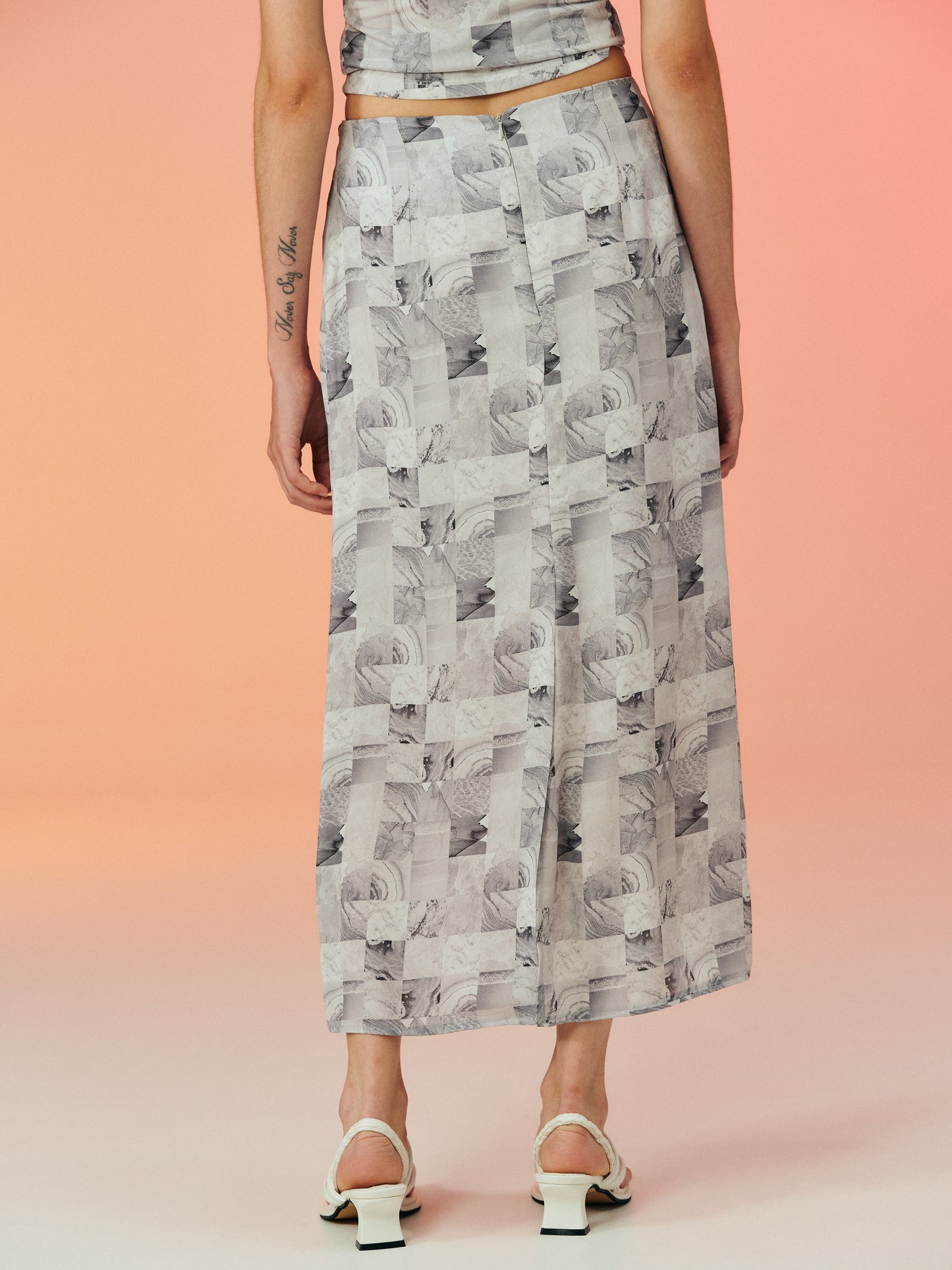 Tie-Belted Tile Print Skirt, Pebble