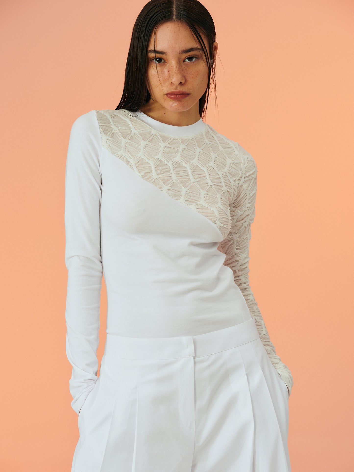 Cotton-Modal Ruched Combo Top, White