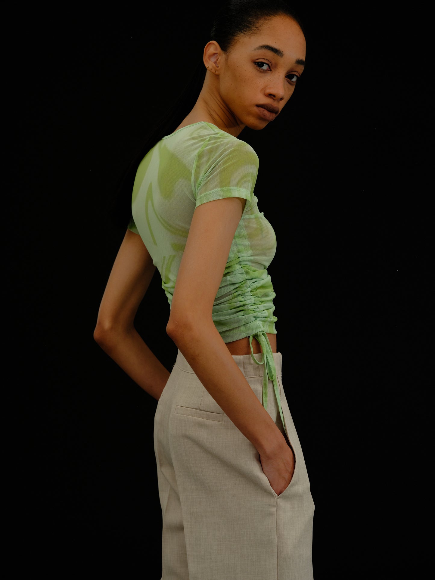 Ruched Mesh T-Shirt, Lime Green Marble