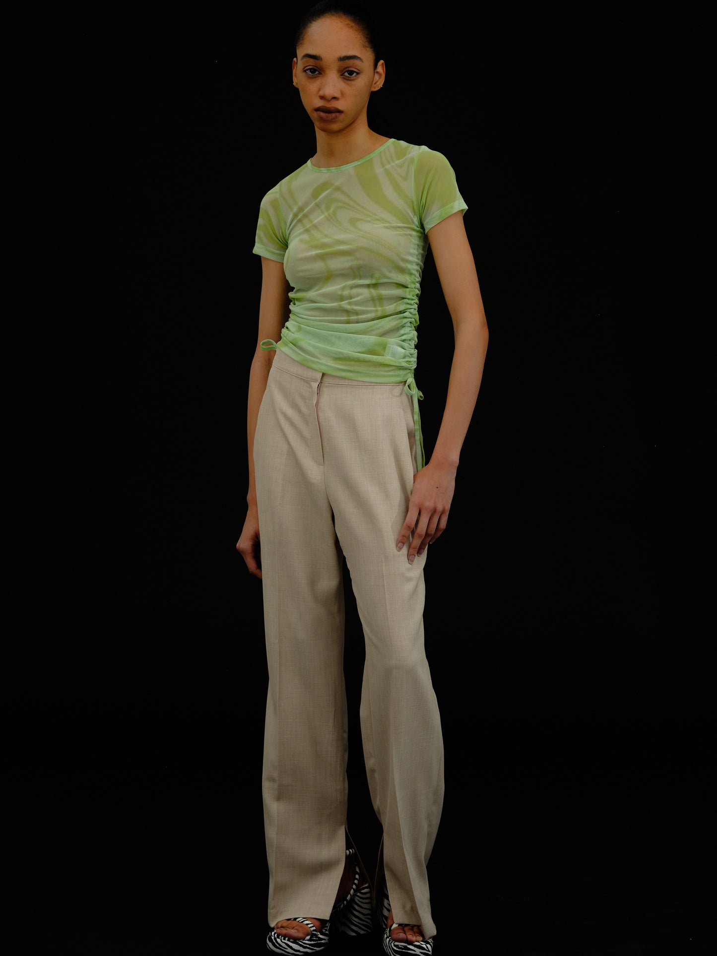 Ruched Mesh T-Shirt, Lime Green Marble