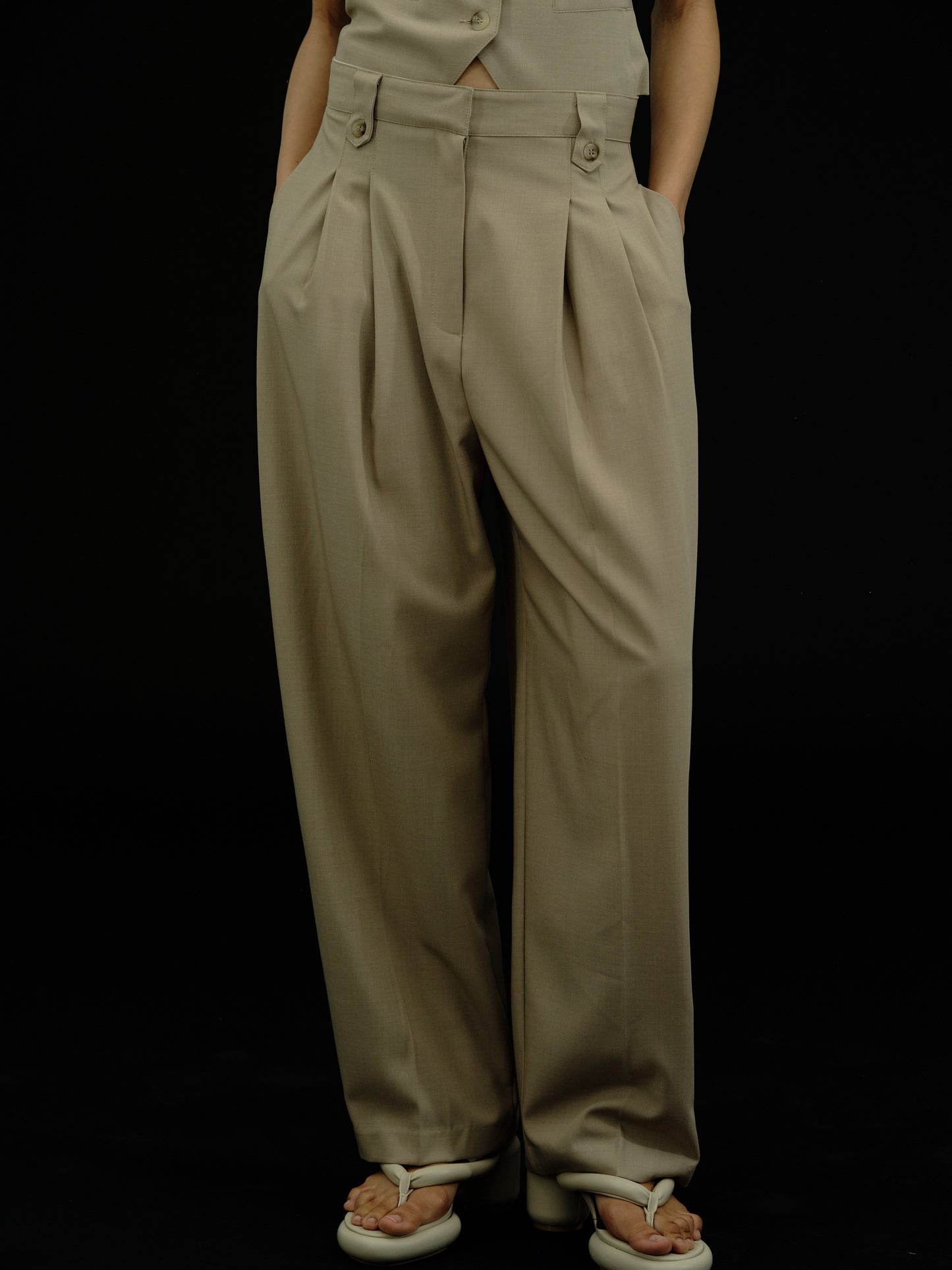 Button-Tab Trousers, Taupe