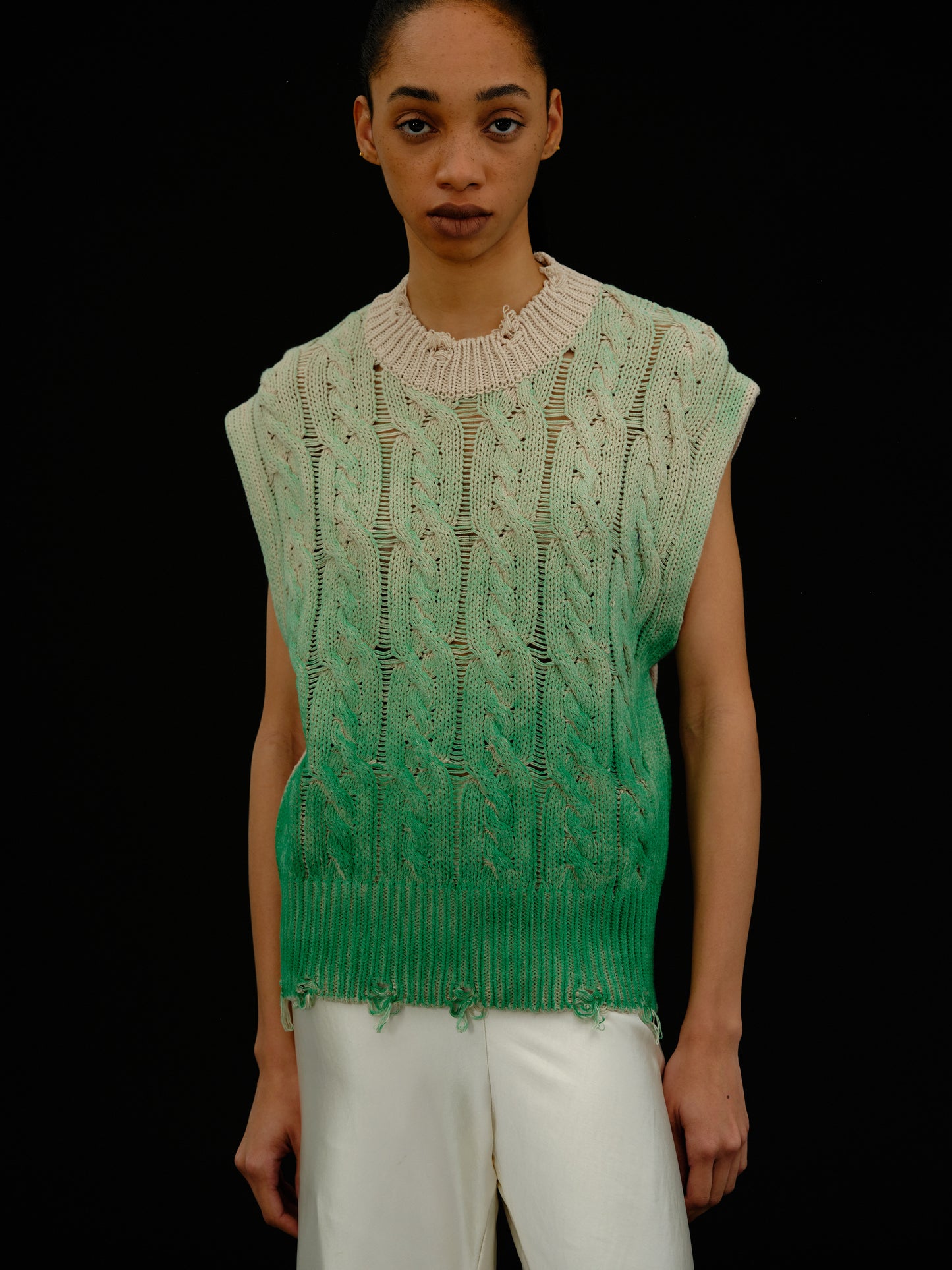 Spray Paint Cable Knit Vest, Jade Green